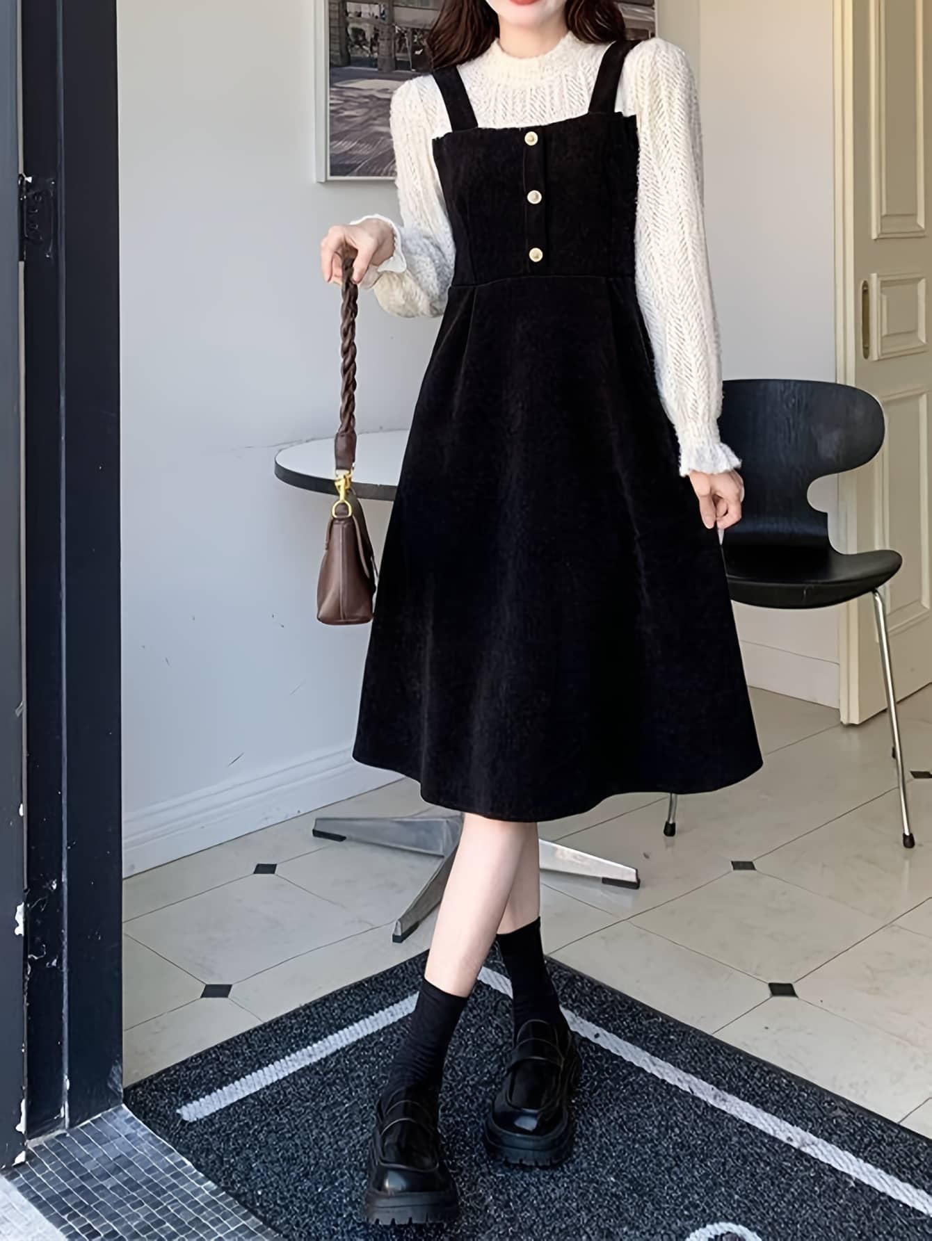 ワンピース レディース ロング丈 きれいめ 重ね着風 ドッキングワンピース 長袖 Aライン 黒 レース 切り替え 1枚で決まる 大人可愛い ミモレ丈 ドレス カジュアル 通勤 OL オフィス 体型カバー 着痩せ 細見え 脚長効果 コーデュロイ風 秋 冬 秋冬 30代 40代 50代 ママ