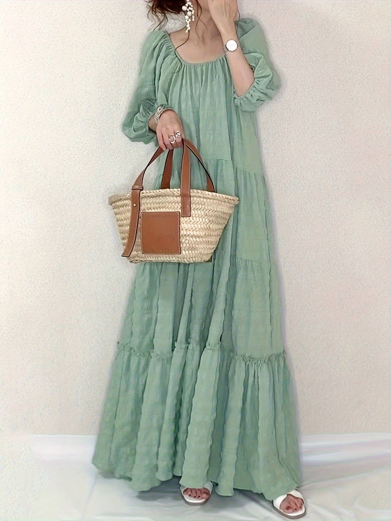 ワンピース ロングワンピース マキシ丈 ティアードワンピース レディース ボリューム袖 バルーンスリーブ 裾フリル Ａライン フレア ゆったり 体型カバー 着痩せ 細見え 楽ちん ミントグリーン 涼しい 速乾 シワになりにくい 春 夏 秋 大人可愛い きれいめ カジュアル