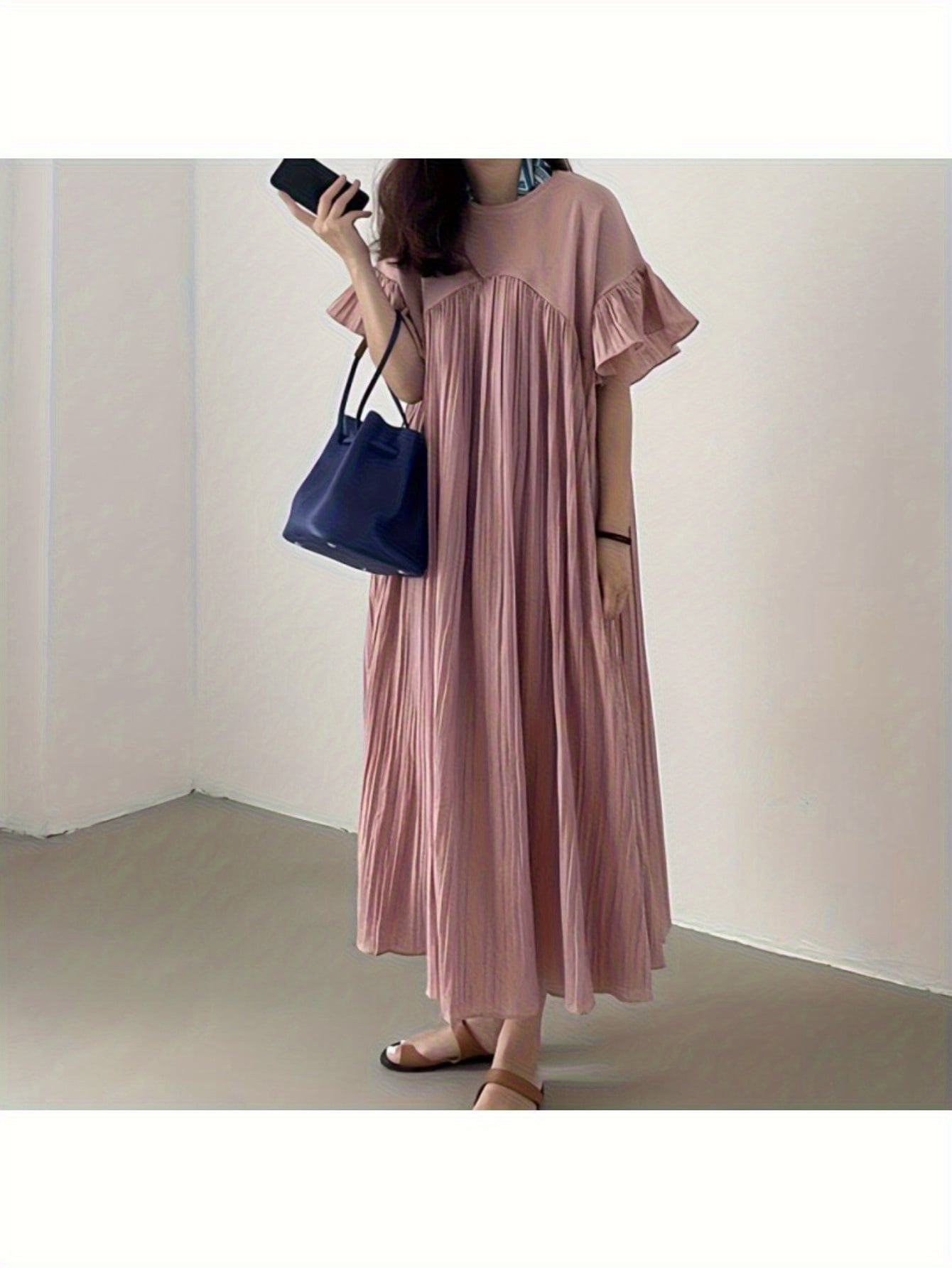 【体型カバー】 プリーツ ワンピース レディース ロング マキシ丈 五分袖 フリル袖 大きいサイズ ゆったり 涼しい Ａライン ワンピ マキシワンピース ロングワンピース ロングワンピ きれいめ 大人可愛い 着痩せ 細見え 二の腕カバー お腹周り 楽ちん ナチュラル 30代