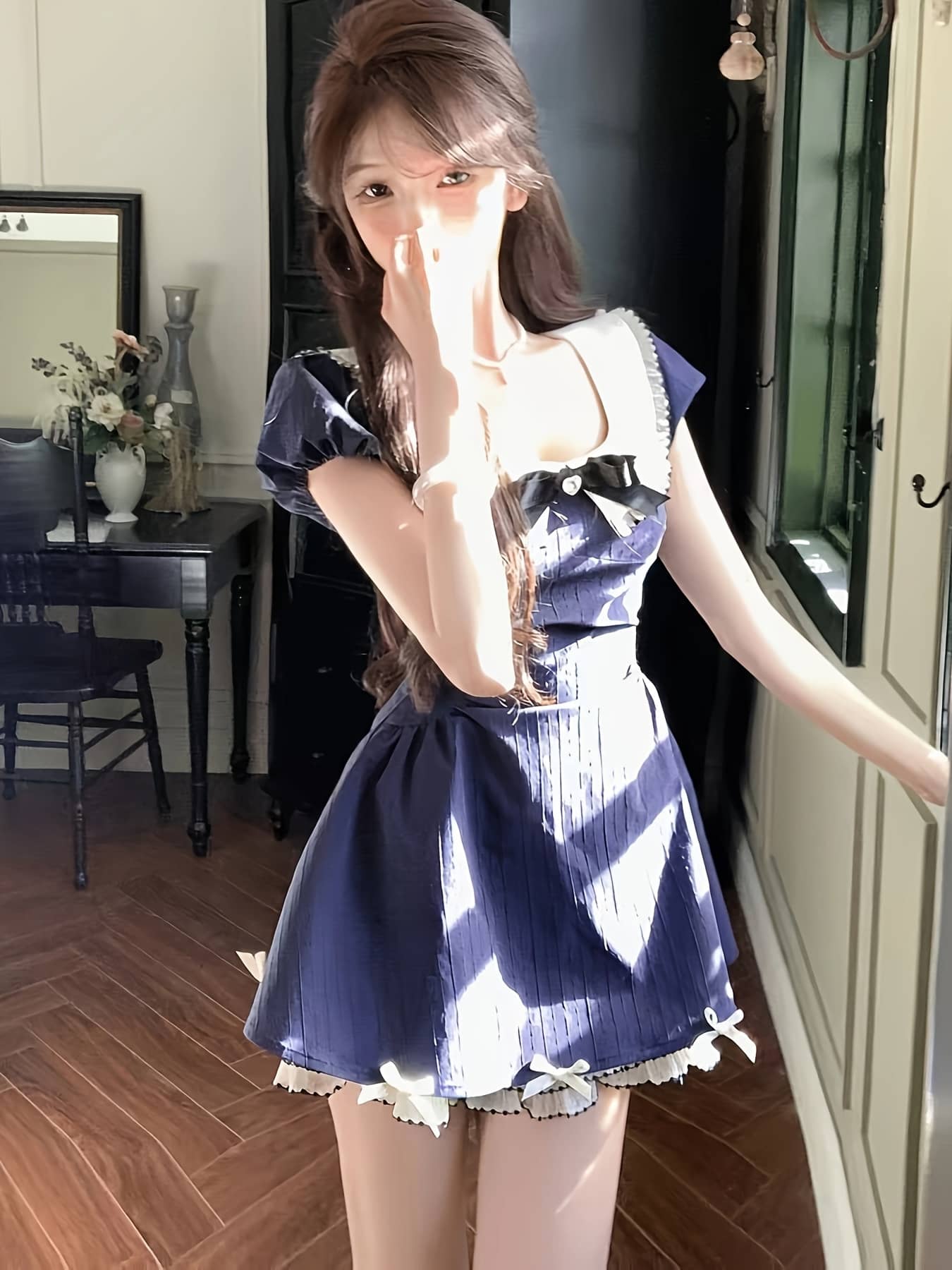 【大人可愛い】ワンピース レディース 夏 半袖 ネイビー 紺 Aライン スクエアネック リボン レース ミニワンピース 膝上 ワンピ 裾広がり チュニック ボリューム袖 襟付き きれいめ フェミニン ガーリー 地雷系 量産型 細見え 着痩せ 体型カバー ストレッチ 伸縮性