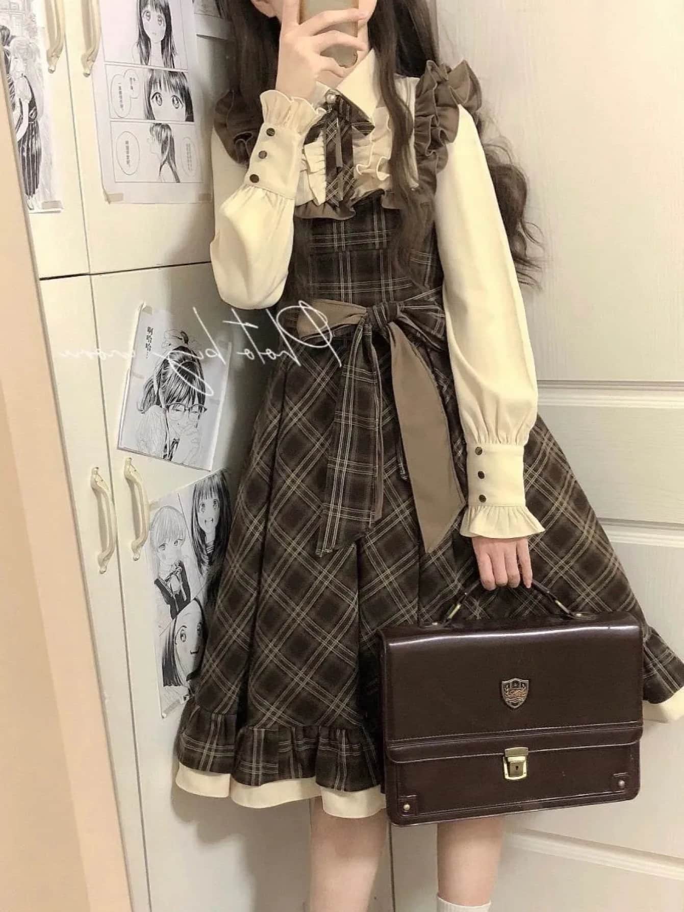 【レトロ可愛い】ワンピース レディース チェック柄 重ね着風 ロングワンピース 長袖 襟付き フリル リボン ウエストマーク Aライン 膝丈 クラシック ガーリー 体型カバー 着痩せ 細見え 秋 冬 秋冬 カジュアル きれいめ デート 清楚 裾フリル