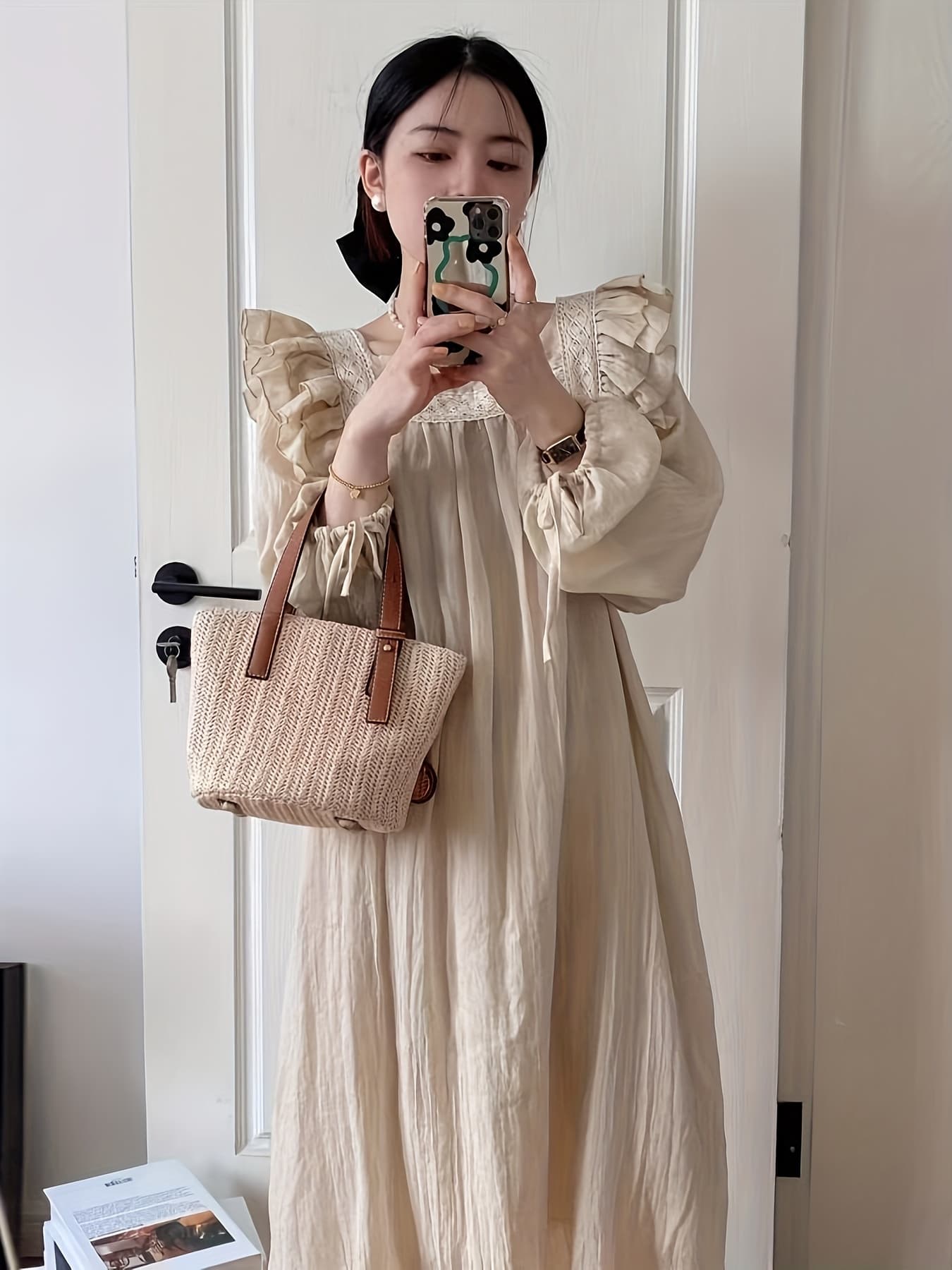 【大人可愛い】パジャマ レディース ルームウェア ワンピース ネグリジェ ロング丈 長袖 フリル レース スクエアネック 姫系 部屋着 寝巻き 春 夏 秋 コットンタッチ 柔らかい 体型カバー ゆったり 楽ちん ナチュラル ガーリー フェミニン マタニティ 授乳服 入院 旅行