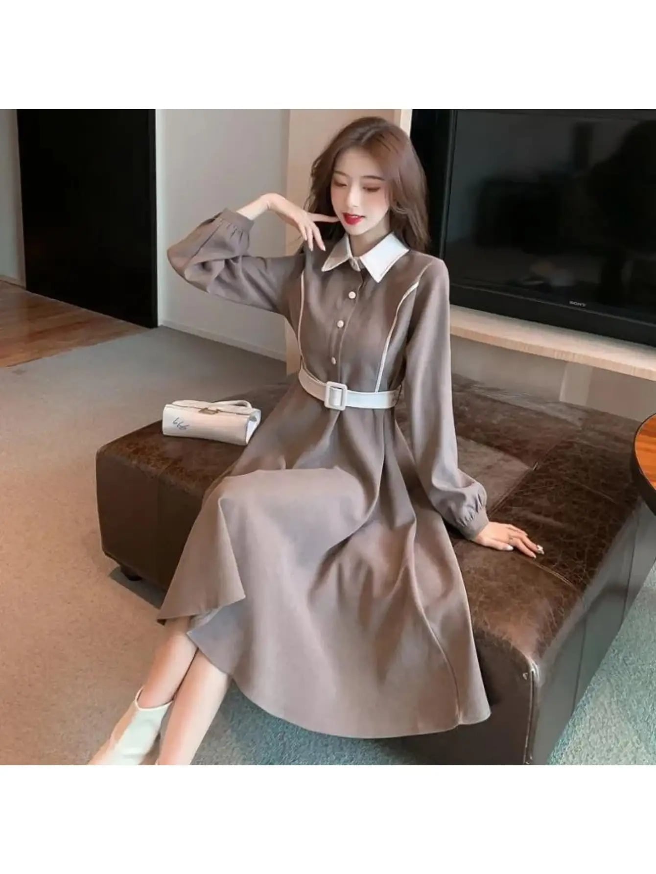 【着痩せ襟付き】シャツワンピース レディース ロング 長袖 Aライン ワンピ 配色 バイカラー パイピング ベルト付 ウエストマーク ミモレ丈 膝下 前開き オフィス 通勤 OL デート 女子会 参観日 大人可愛い フェミニン 体型カバー 細見え 20代 30代 40代 春 秋 冬