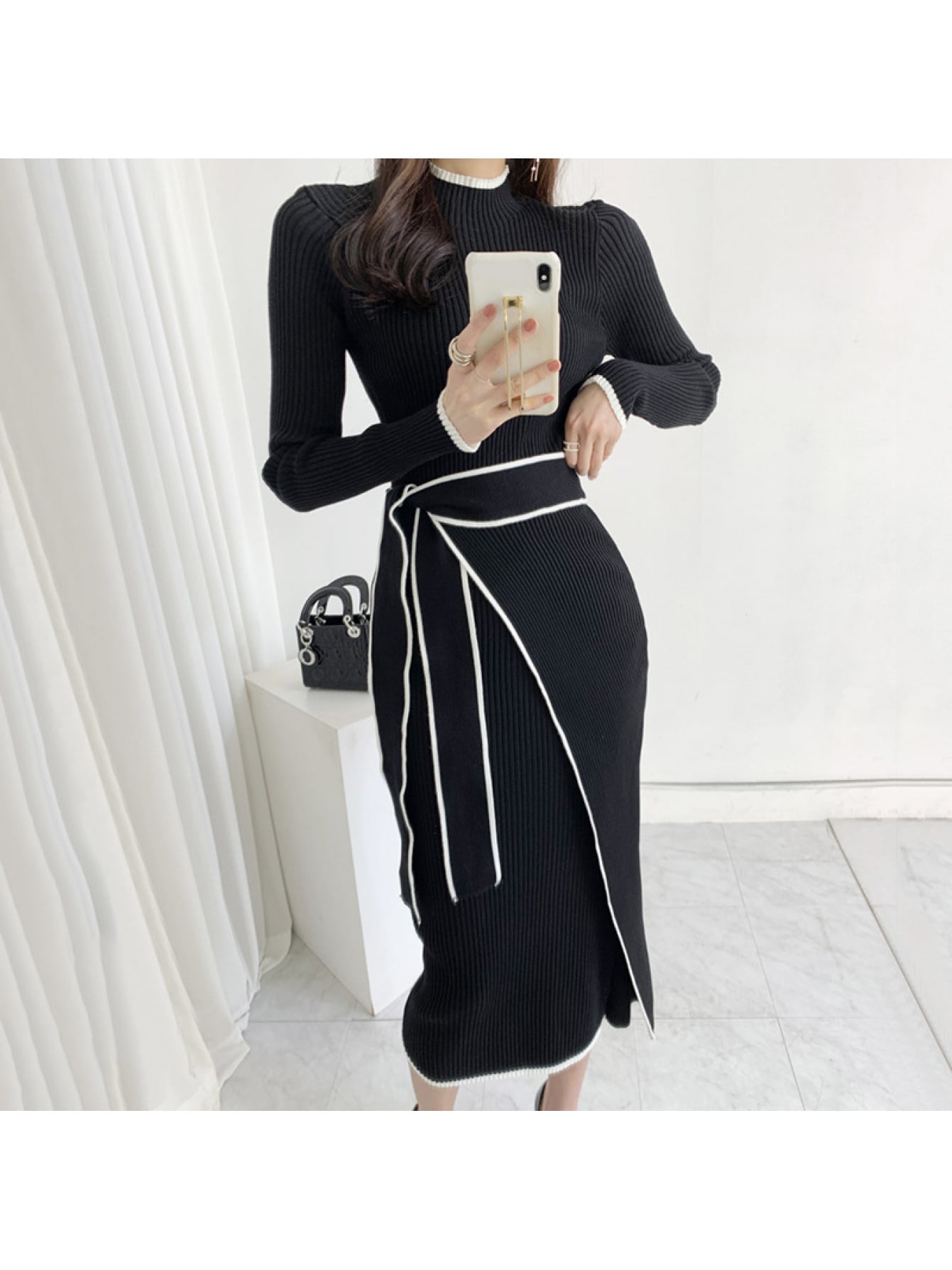 【バイカラー】ニットワンピース ロング ハイネック タイト ワンピース 長袖 膝下丈 ミモレ丈 ウエストマーク リボン きれいめ レディース リブニット ニットワンピ 痩せ見え 体型カバー 着痩せ 細見え 伸縮性 ストレッチ 二の腕カバー 暖かい 防寒 秋冬 大人可愛い