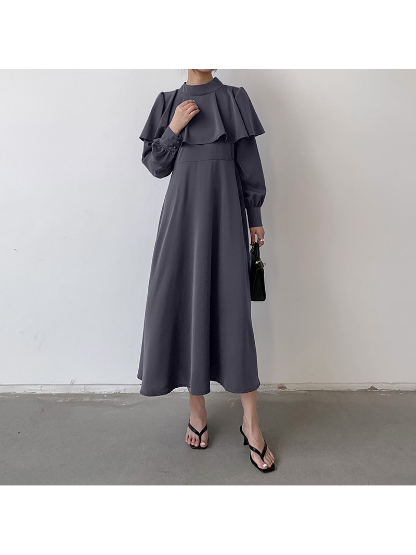 【ケープ風デザイン】ワンピース レディース ロングワンピース マキシ丈 ハイネック ビッグカラー フリル Ａライン フレア 長袖 体型カバー 着痩せ 細見え 脚長効果 ウエストマーク オフィス 通勤 ＯＬ 二次会 結婚式 披露宴 謝恩会 入園式 卒園式 七五三 ママコーデ