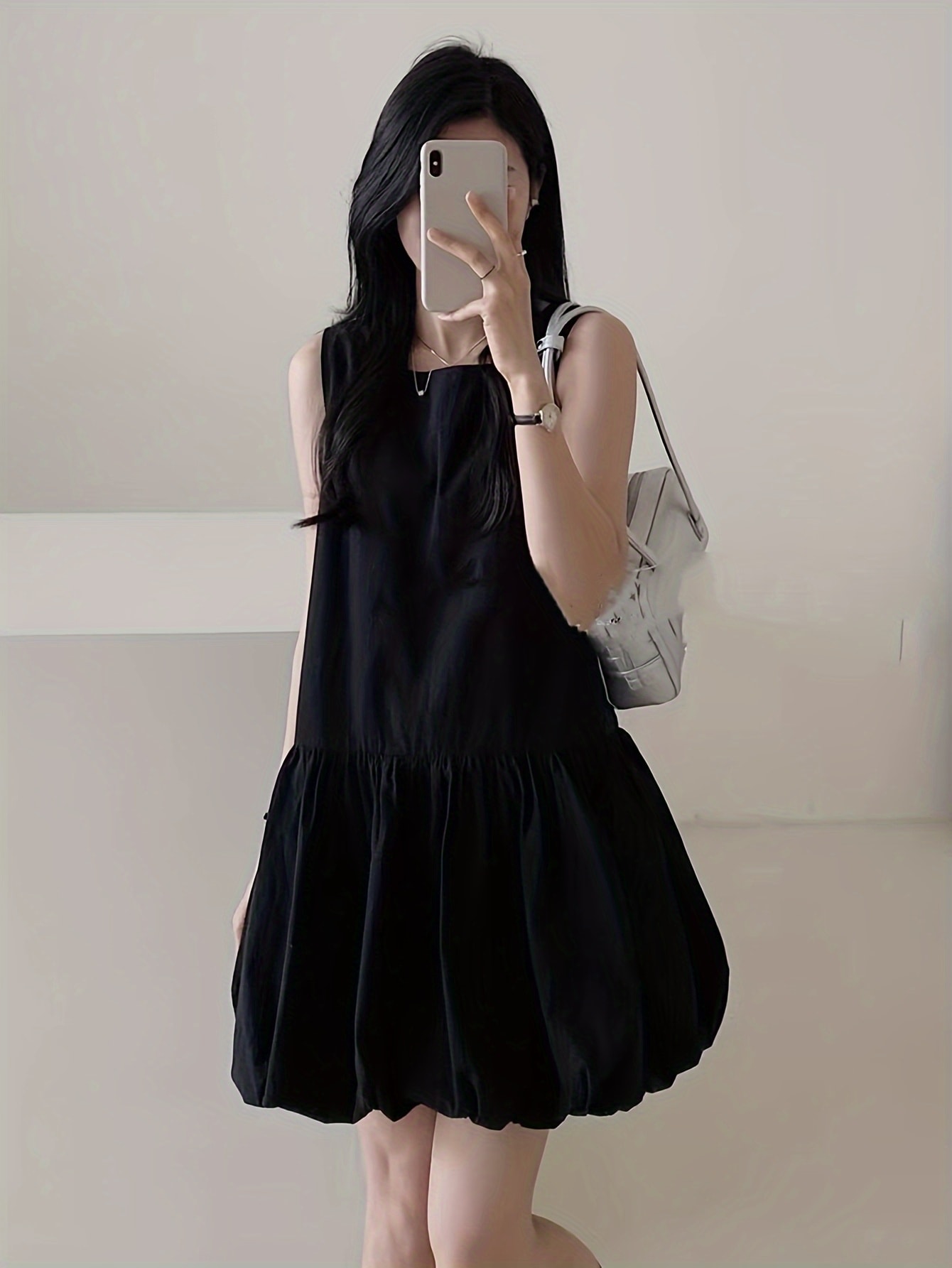 【大人可愛い】ワンピース レディース ノースリーブ スクエアネック ミニ丈 バルーン チュニック Aライン ゆったり 体型カバー 着痩せ ふんわり ギャザー 無地 シンプル ブラック 黒 スリーブレス 春 夏 秋 きれいめ カジュアル 韓国 ファッション オフィス 通勤 OL
