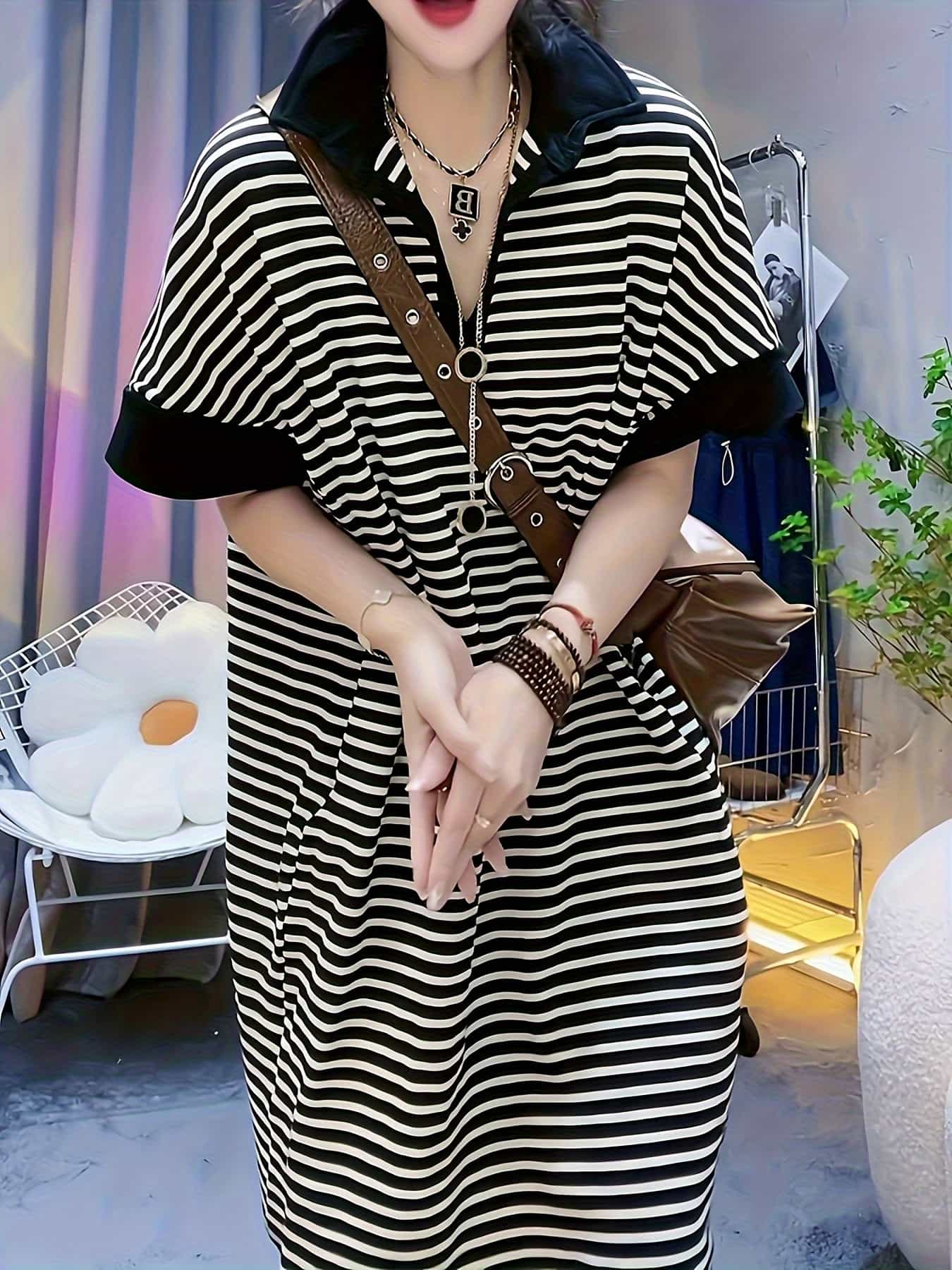 【2025新作】ボーダー ワンピース レディース ロング 襟付き スキッパー 半袖 五分袖 カットソーワンピース Tシャツワンピース マキシ丈 膝下 楽ちん ゆったり ビッグシルエット 体型カバー 二の腕カバー 着痩せ 細見え 大人カジュアル きれいめ オフィス 通勤
