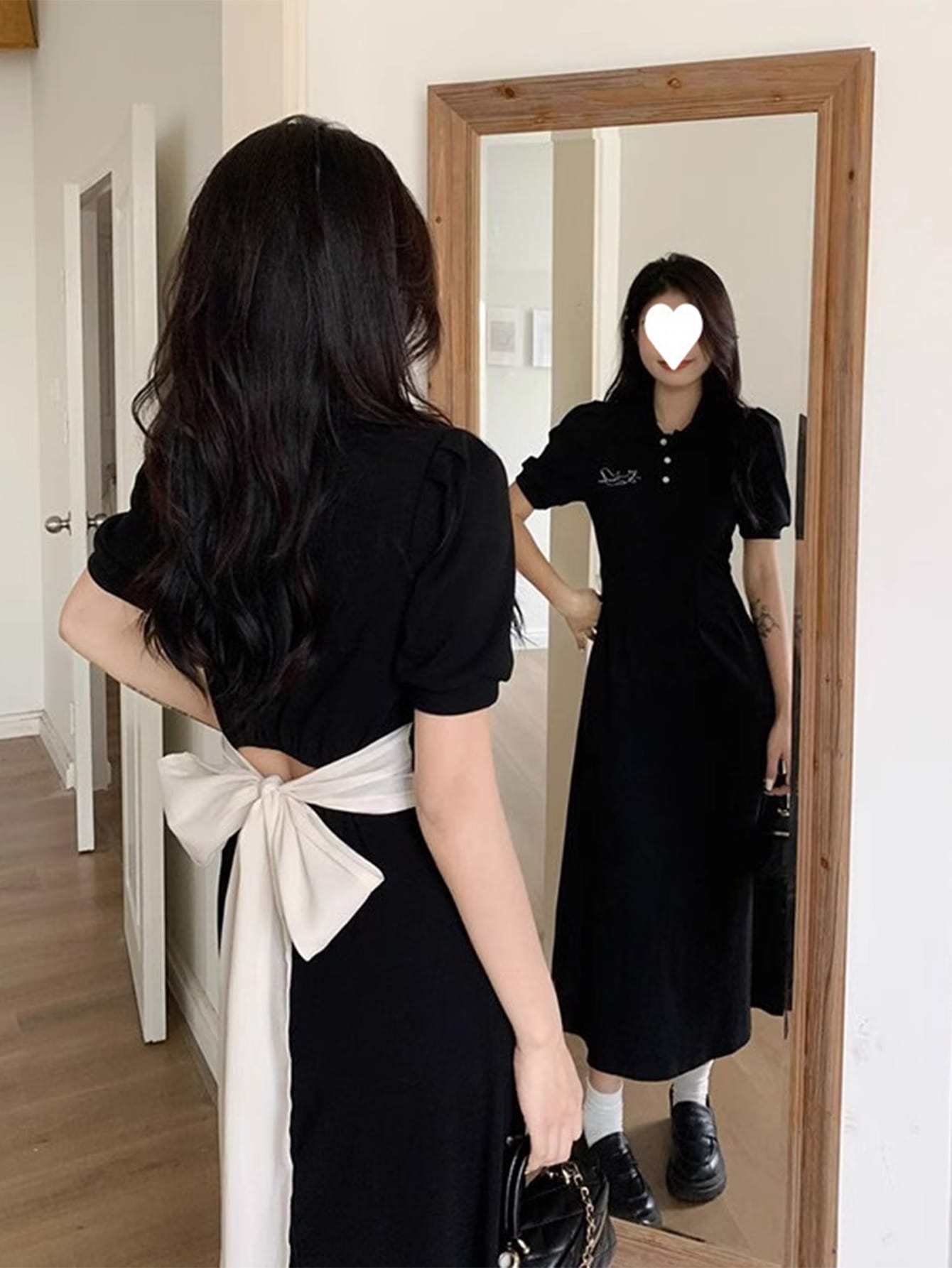 【バックリボン】 ワンピース レディース ロング丈 襟付き ポロワンピース マキシ丈 半袖 ポロワンピ バックオープン 背中あき Aライン 膝下 ミモレ丈 リボン バイカラー 黒 ブラック 体型カバー 着痩せ 細見え ウエストマーク 二の腕カバー 涼しい 大人可愛い