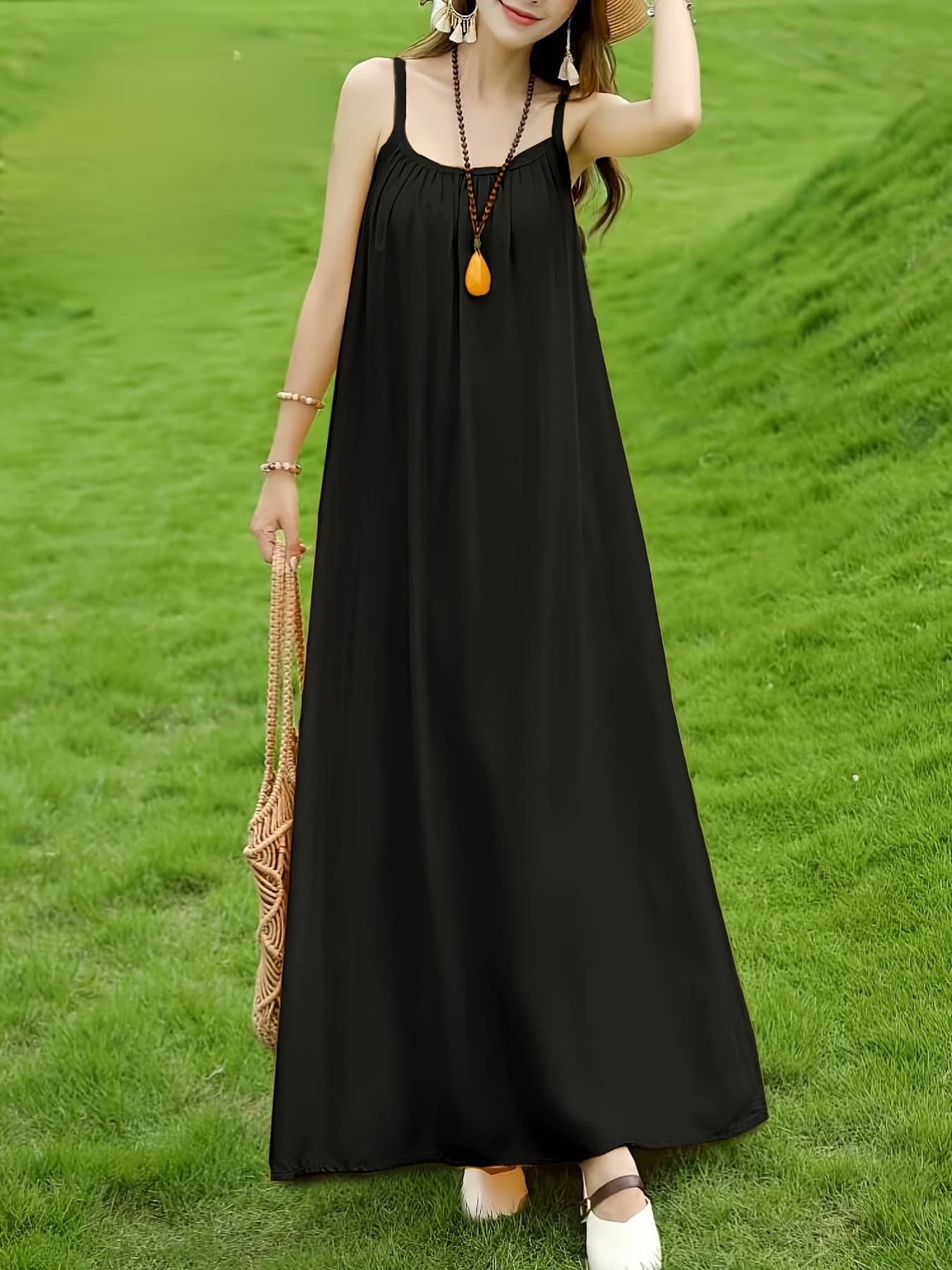 キャミワンピース ロング 春夏 レディース マキシ丈 ワンピース キャミワンピ ノースリーブ ギャザー Aライン 無地 体型カバー 着痩せ 細見え ゆったり 楽ちん リゾート 旅行 海 ビーチ 部屋着 ルームウェア 大きいサイズ マタニティ 30代 40代 50代 大人可愛い