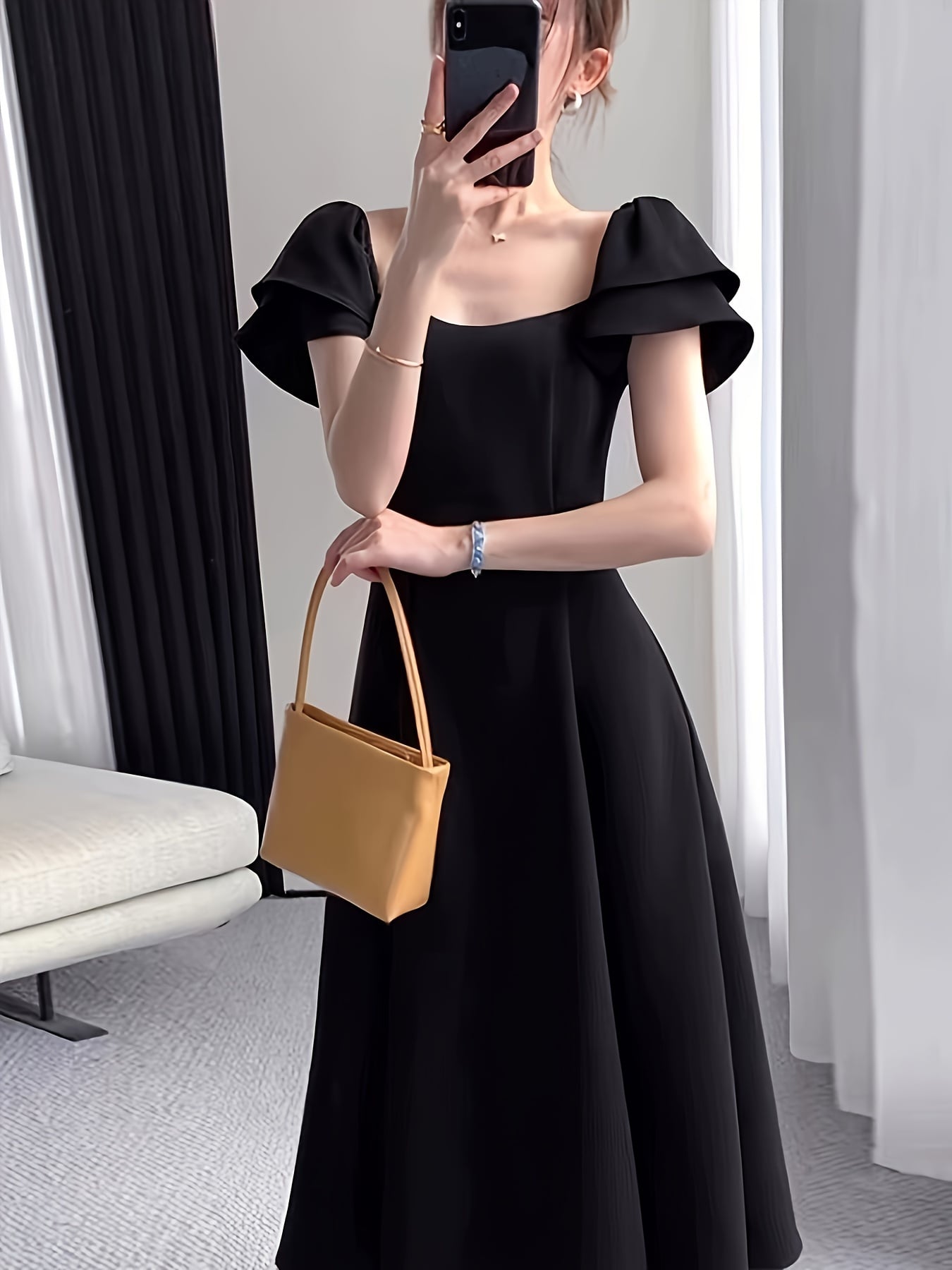 【大人可愛い】 ワンピース ロングワンピース ドレス レディース スクエアネック フリル袖 ハイウエスト ウエストマーク Aライン 着痩せ 細見え 体型カバー 二の腕カバー ロング丈 ミモレ丈 膝下 ブラック 黒 無地 レトロ クラシック エレガント きれいめ 結婚式