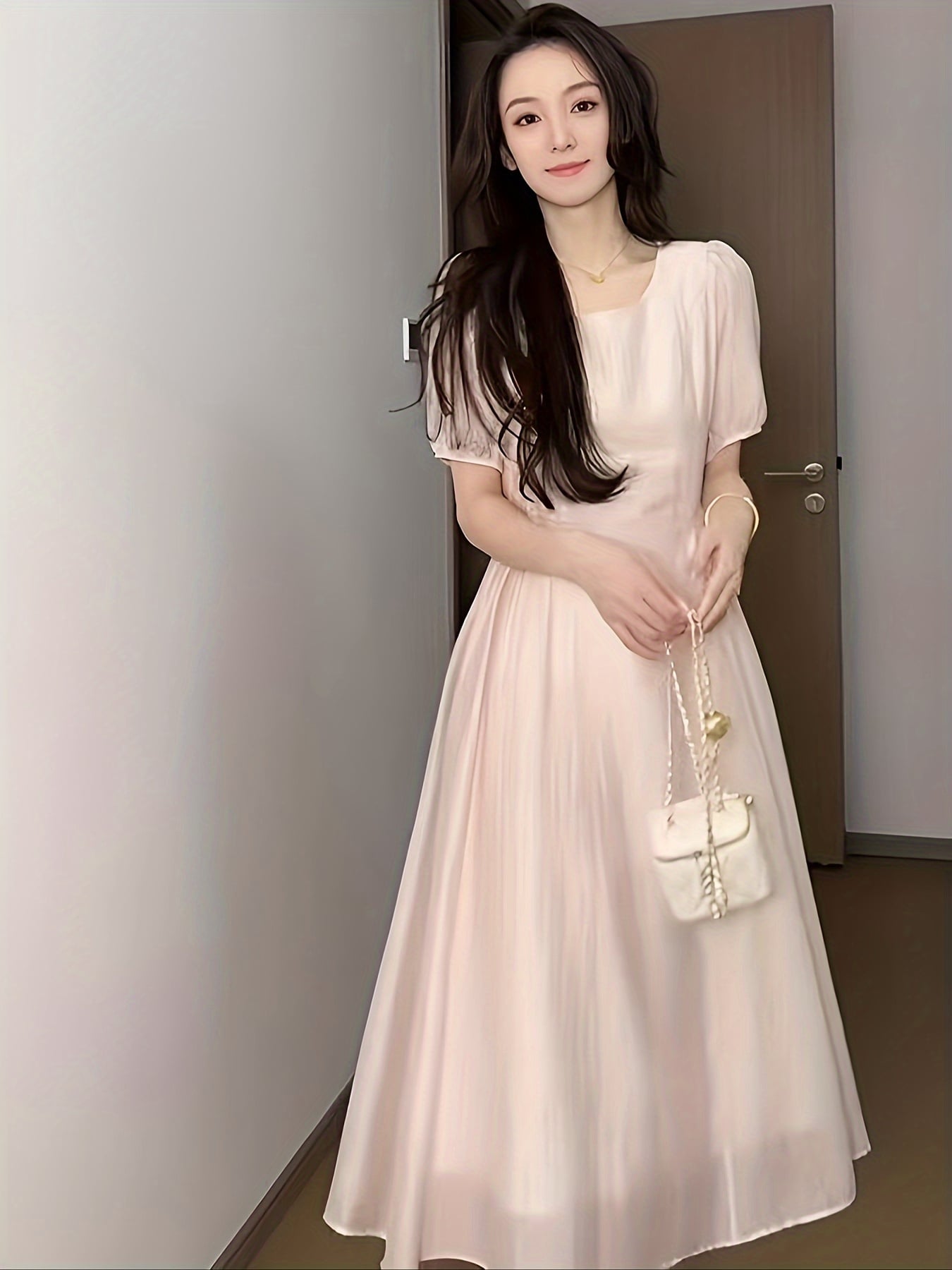 【体型カバー】ワンピース レディース ロング マキシ Aライン 半袖 きれいめ 無地 シンプル 夏 春 スクエアネック Uネック 裏地付き 透けにくい 涼しい シフォン調 柔らかい ゆったり 楽ちん 20代 30代 40代 50代 通勤 OL オフィスカジュアル デート 旅行 お出かけ