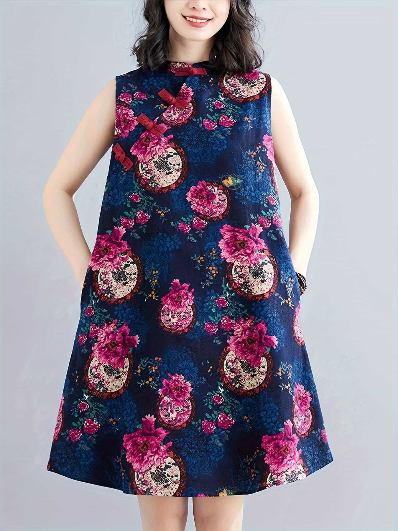 【チャイナ風】ワンピース レディース チャイナドレス 膝丈 チュニック 中華服 民族衣装 花柄 レトロ モダン ノースリーブ 袖なし スタンドカラー チャイナボタン Aライン ゆったり 体型カバー 着痩せ 楽ちん 40代 50代 お呼ばれ パーティー 結婚式 二次会 旅行