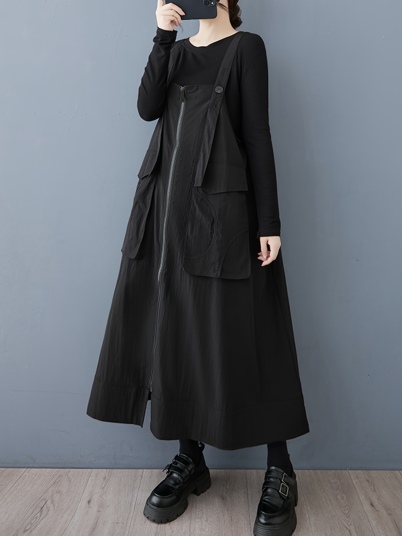 ジャンパースカート サロペットスカート レディース フロントジップ ワンピース ロング ジャンスカ キャミワンピース ジップアップ ビッグポケット Aライン 膝下 マキシ ゆったり 体型カバー 着痩せ 楽ちん 重ね着 レイヤード 春 夏 秋 冬 大人 カジュアル キレイめ
