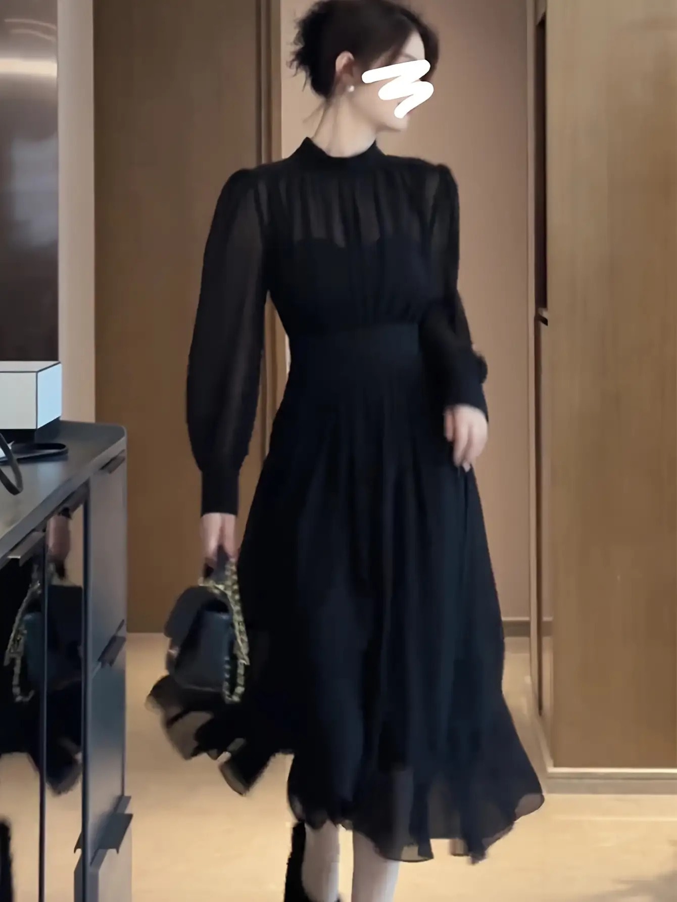 【透け感シアー】ワンピース ロングワンピース シフォンワンピース レディース 黒 ブラック 長袖 ハイネック ボリューム袖 バルーンスリーブ Aライン フレア マキシ丈 ロング ワンピ 披露宴 謝恩会 演奏会 フォーマル ドレス 体型カバー 着痩せ 細見え ウエストマーク
