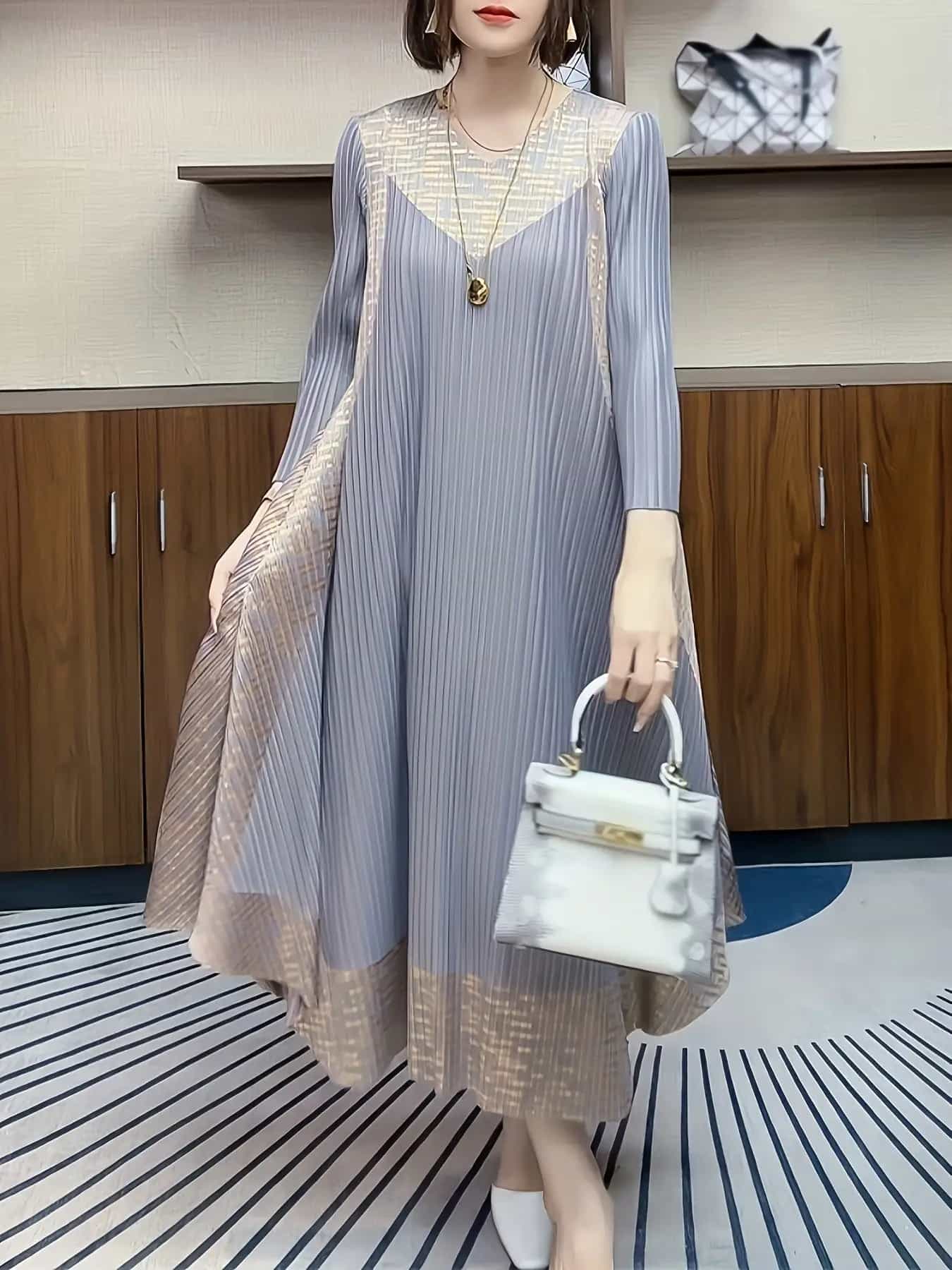 【着痩せ効果】 プリーツワンピース レディース ロングワンピース マキシ丈 長袖 切り替え 配色 Aライン ゆったり 体型カバー 細見え 縦ライン 30代 40代 50代 ミセス きれいめ エレガント オフィス 通勤 OL お呼ばれ 結婚式 二次会 パーティー 披露宴 演奏会 入学式|Yokos