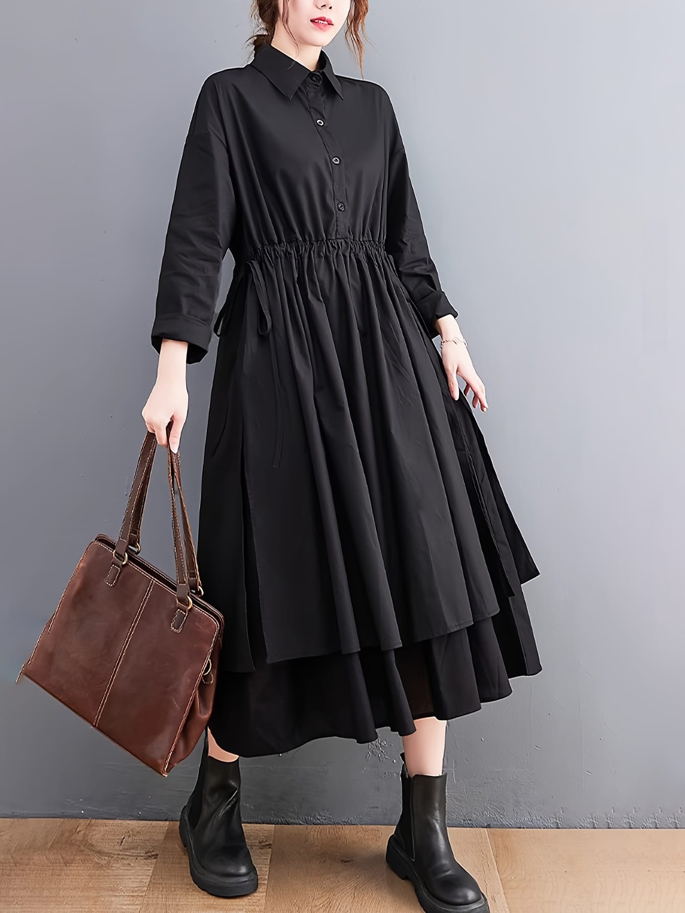 【レイヤード風】 シャツワンピース レディース ロング シャツワンピ 襟付き ワンピース ロングワンピース マキシワンピース ウエストギャザー 長袖 前開き 羽織り 2段 重ね着風 無地 ゆったり 体型カバー 着痩せ 細見え 大きいサイズ 大人可愛い きれいめ モード