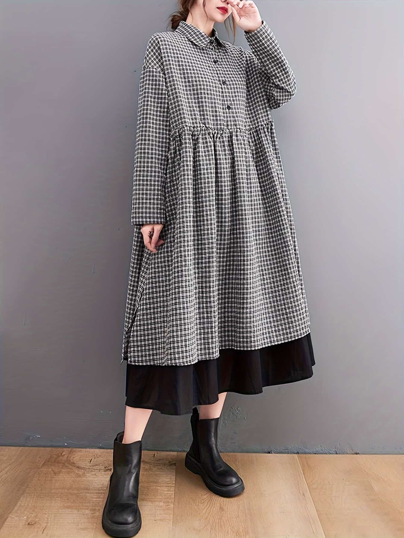 【レイヤード風】 シャツワンピース レディース ロングワンピース ギンガムチェック チェック柄 長袖 襟付き 膝丈 ミモレ丈 切り替え ギャザー Aライン ゆったり 体型カバー 着痩せ 大きいサイズ ゆるシルエット 大人可愛い ナチュラル カジュアル お洒落 春 秋 冬