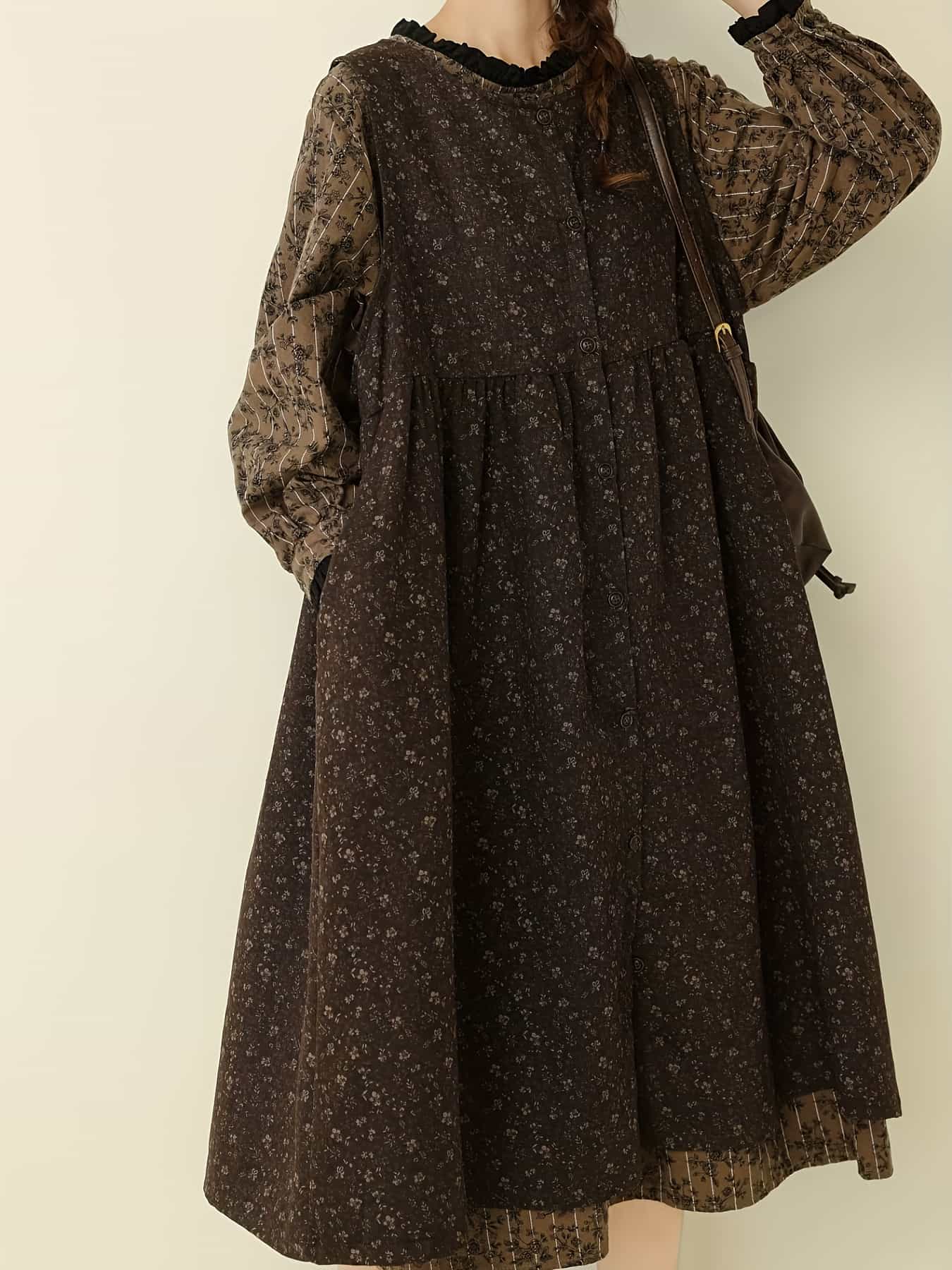 【レトロ花柄】ワンピース ロングワンピース シャツワンピース レディース 前開き チュニック 長袖 ミモレ丈 膝下 総柄 ボタン付き ギャザー ゆったり 体型カバー 着痩せ 細見え 大きいサイズ 楽ちん シワになりにくい 大人可愛い きれいめ カジュアル 通勤 OL