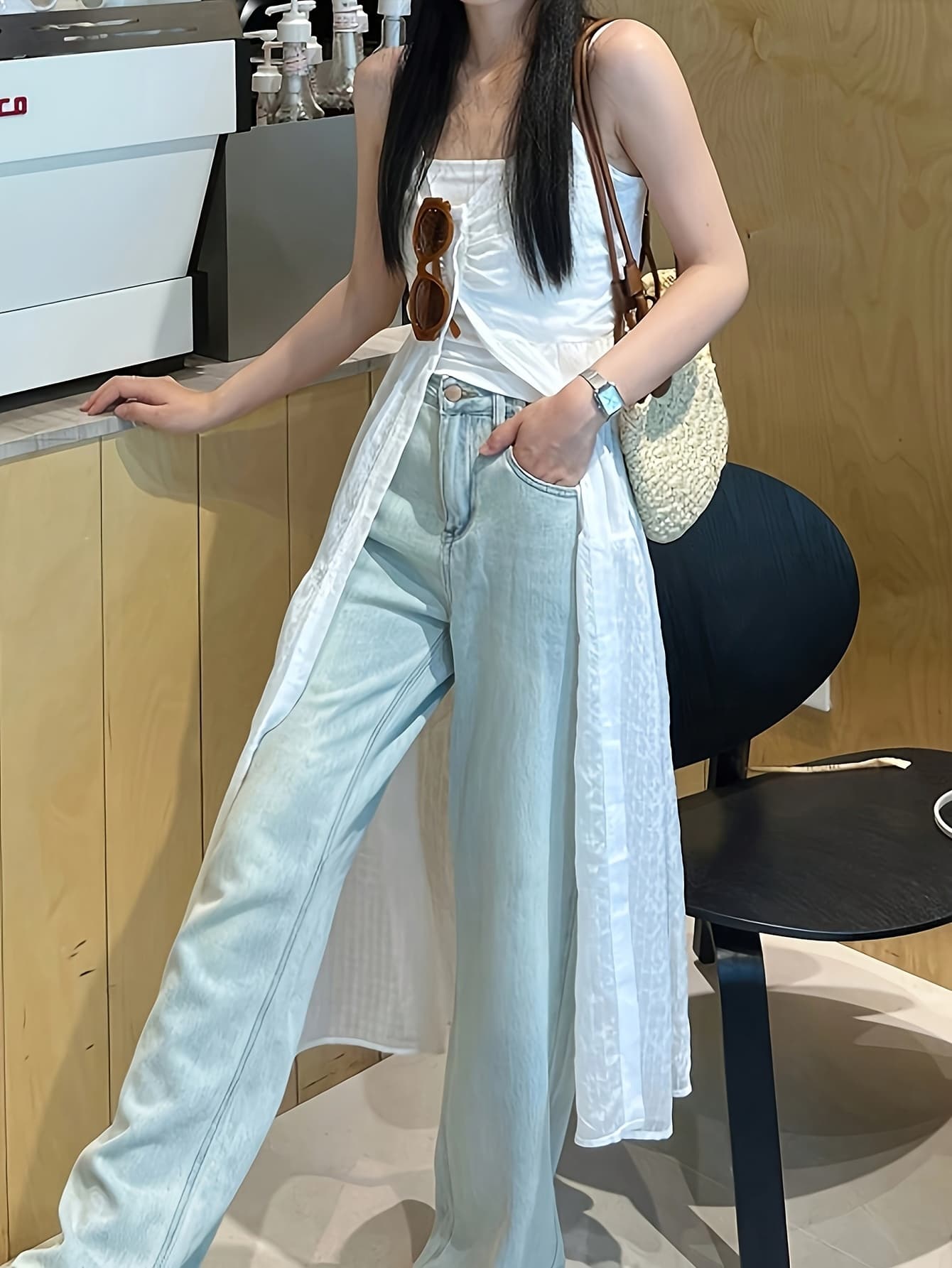 【レイヤードに最適】ロングベスト ジレ レディース ロングジレ シアー ワンピース ノースリーブ Vネック 前開き ボタン ギャザー 透け感 涼しい 重ね着 トップス 羽織り 膝丈 ロング丈 体型カバー 二の腕カバー 着痩せ 細見え ゆったり 春 夏 秋 カジュアル キレイめ