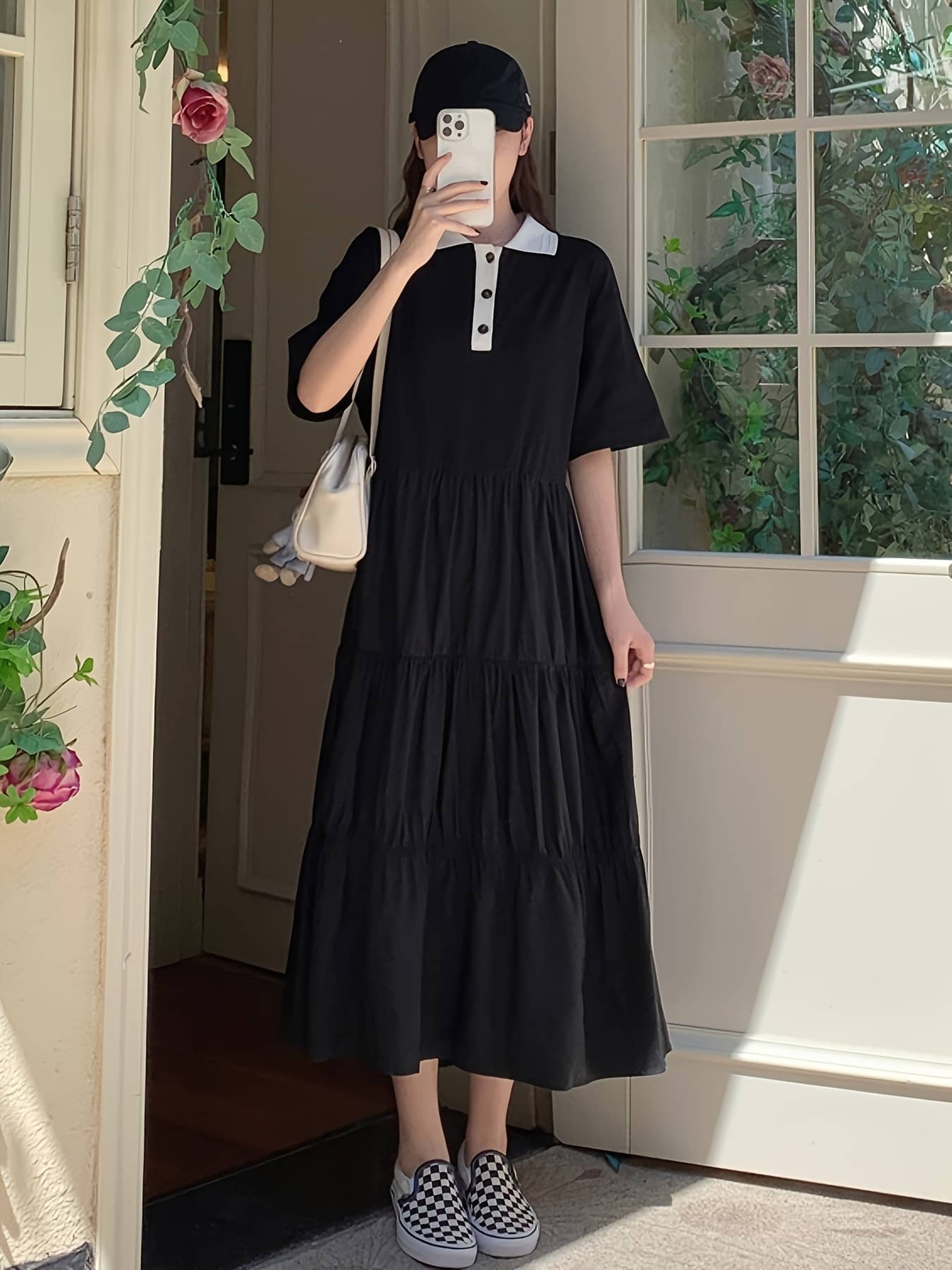 【バイカラー襟】ティアードワンピース 半袖 ロングワンピース マキシ丈 襟付き ポロ襟 Aライン 配色 切替 ボタン 五分袖 ゆったり 体型カバー 二の腕カバー 着痩せ 細見え 楽ちん カジュアル キレイめ 大人可愛い 30代 40代 50代 ママコーデ 通勤 洗える