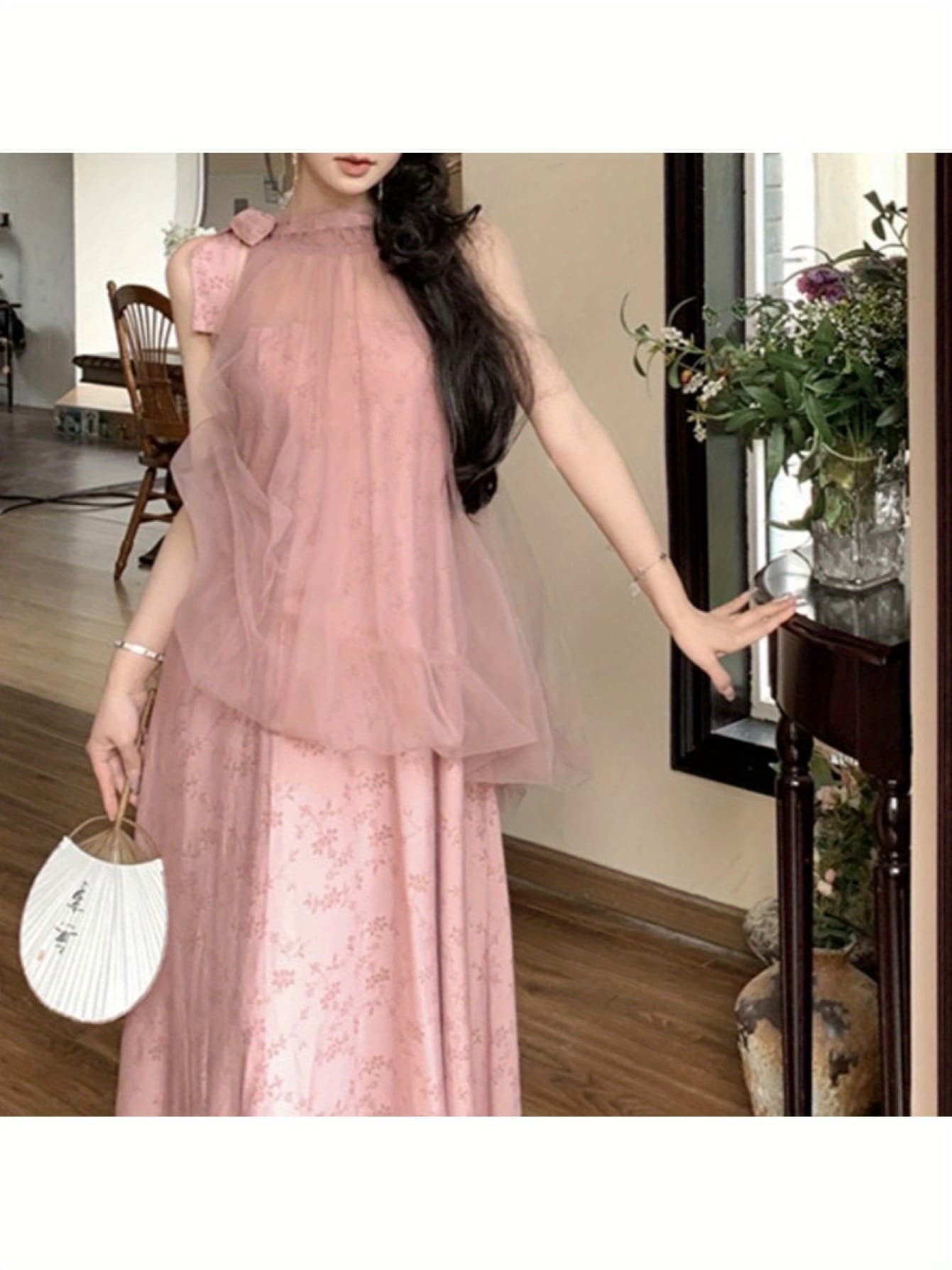 【チャイナ風】ワンピース ロング マキシ丈 レディース ホルターネック シアー チュール ジャガード 花柄 ノースリーブ ハイネック 重ね着風 フェミニン 大人可愛い きれいめ エレガント ピンク 華やか 結婚式 二次会 パーティー お呼ばれ リゾート 海 ビーチ 旅行 春
