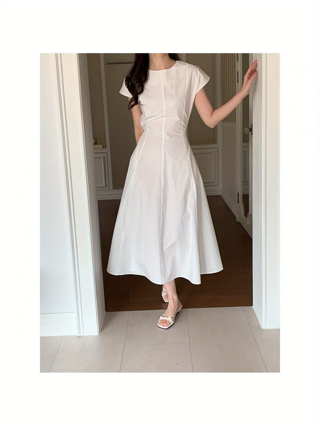 【大人可愛い】ワンピース ロング 夏 きれいめ 韓国 フレンチスリーブ Aライン ウエストマーク ロングワンピース マキシ丈 クルーネック 着痩せ 体型カバー 二の腕カバー 無地 白 オフィス 通勤 デート お出かけ マキシワンピ 清楚 婚活 20代 30代 40代 50代 旅行
