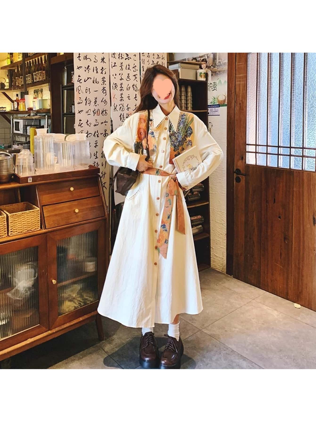 【レトロな雰囲気】 シャツワンピース ロング レディース 長袖 襟付き 花柄 フェイクレイヤード 切り替え ウエストリボン Aライン フレア ワンピース ロングワンピ マキシ 膝下 体型カバー 着痩せ 細見え きれいめ カジュアル 通勤 OL ママ 春 秋 冬 20代 30代 40代