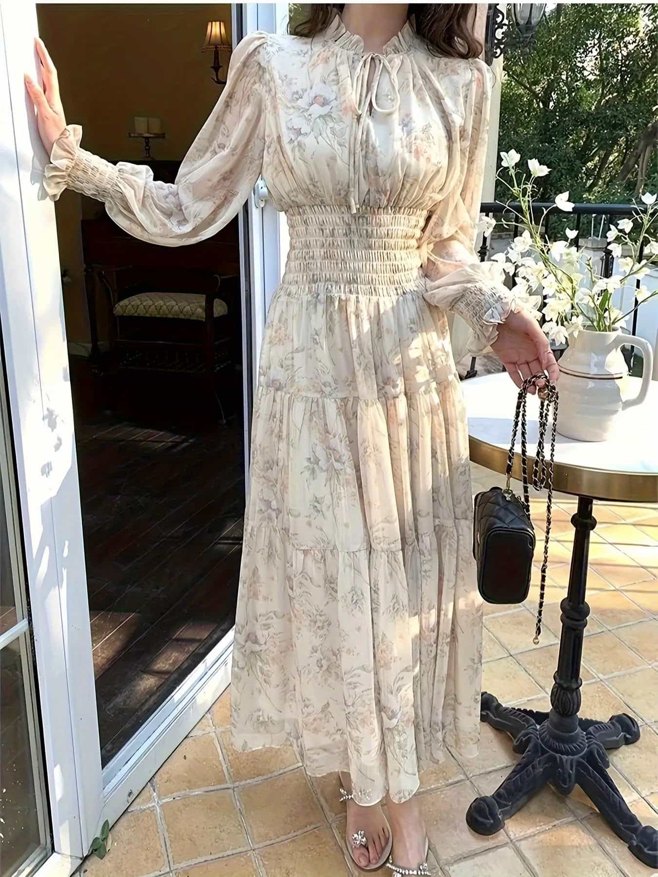 【大人可愛い】花柄 ワンピース ロングワンピース ティアードワンピース レディース シフォン マキシ丈 ロング丈 長袖 シャーリング ウエストゴム リボン フリルネック 体型カバー 着痩せ 二の腕カバー 脚長 美脚 きれいめ フェミニン エレガント 結婚式 二次会