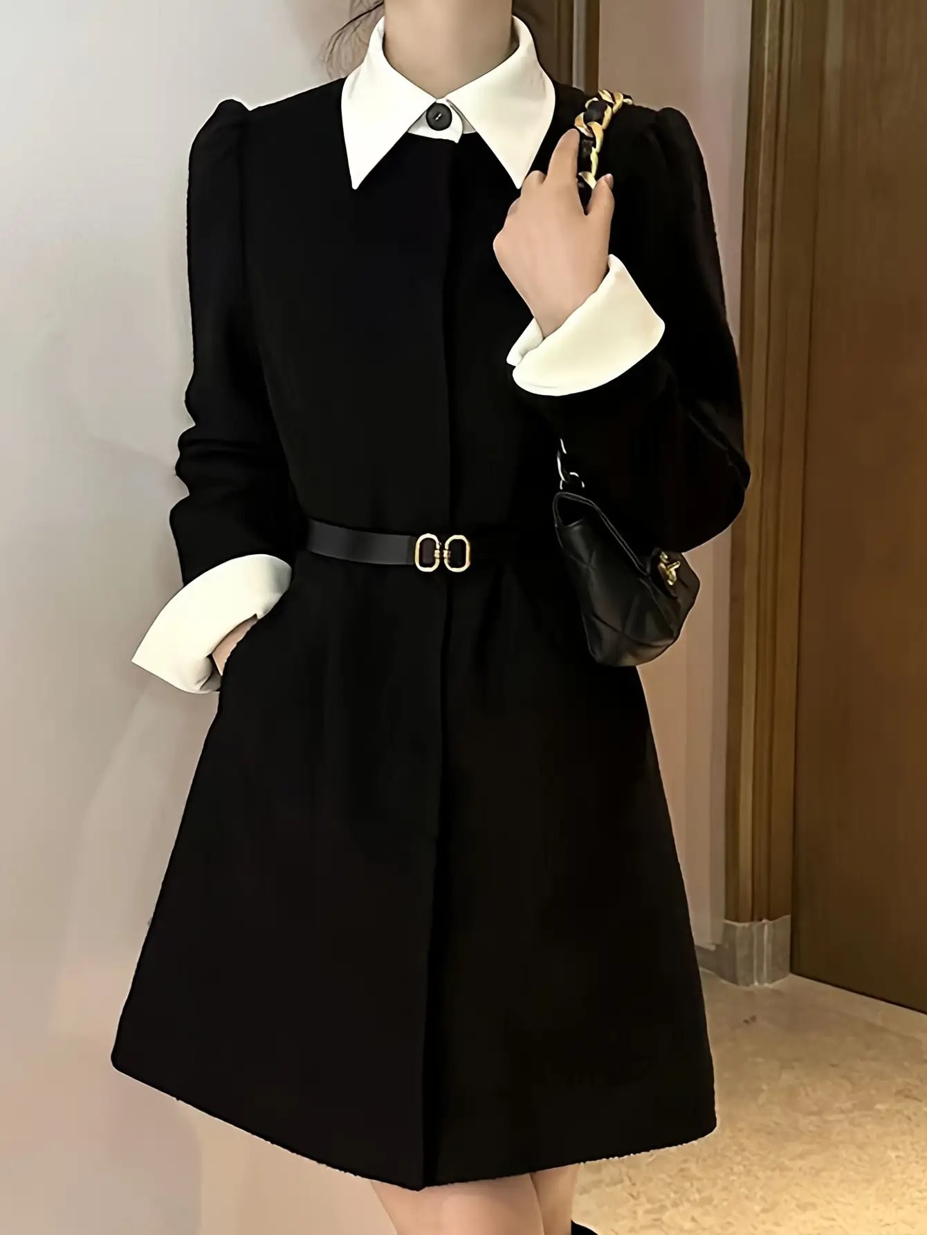 【襟付きバイカラー】ワンピースレディース長袖膝丈白襟配色切り替えaライン黒ブラックウエストマークウエストベルト着痩せ体型カバー細見え大人可愛いきれいめオフィス通勤通学事務服OLママコーデ参観日フォーマル卒業式入学式卒園式入園式結婚式二次会謝恩会お呼ばれ