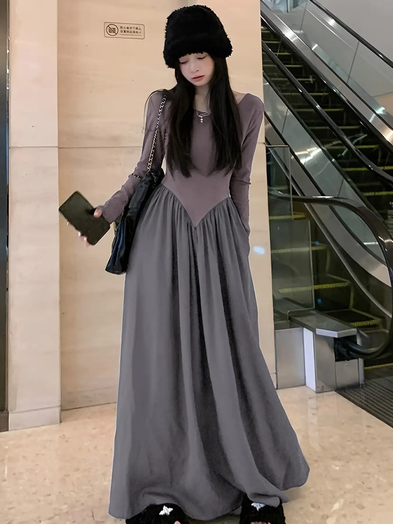 【V字切り替え】ワンピース ロングワンピース レディース 長袖 マキシ丈 ドッキングワンピース Aライン 切り替え 異素材 ギャザー ポケット付き 体型カバー 着痩せ 細見え ぽっちゃり ゆったり 楽ちん 30代 40代 50代 レトロ モード カジュアル 通勤 OL ママコーデ