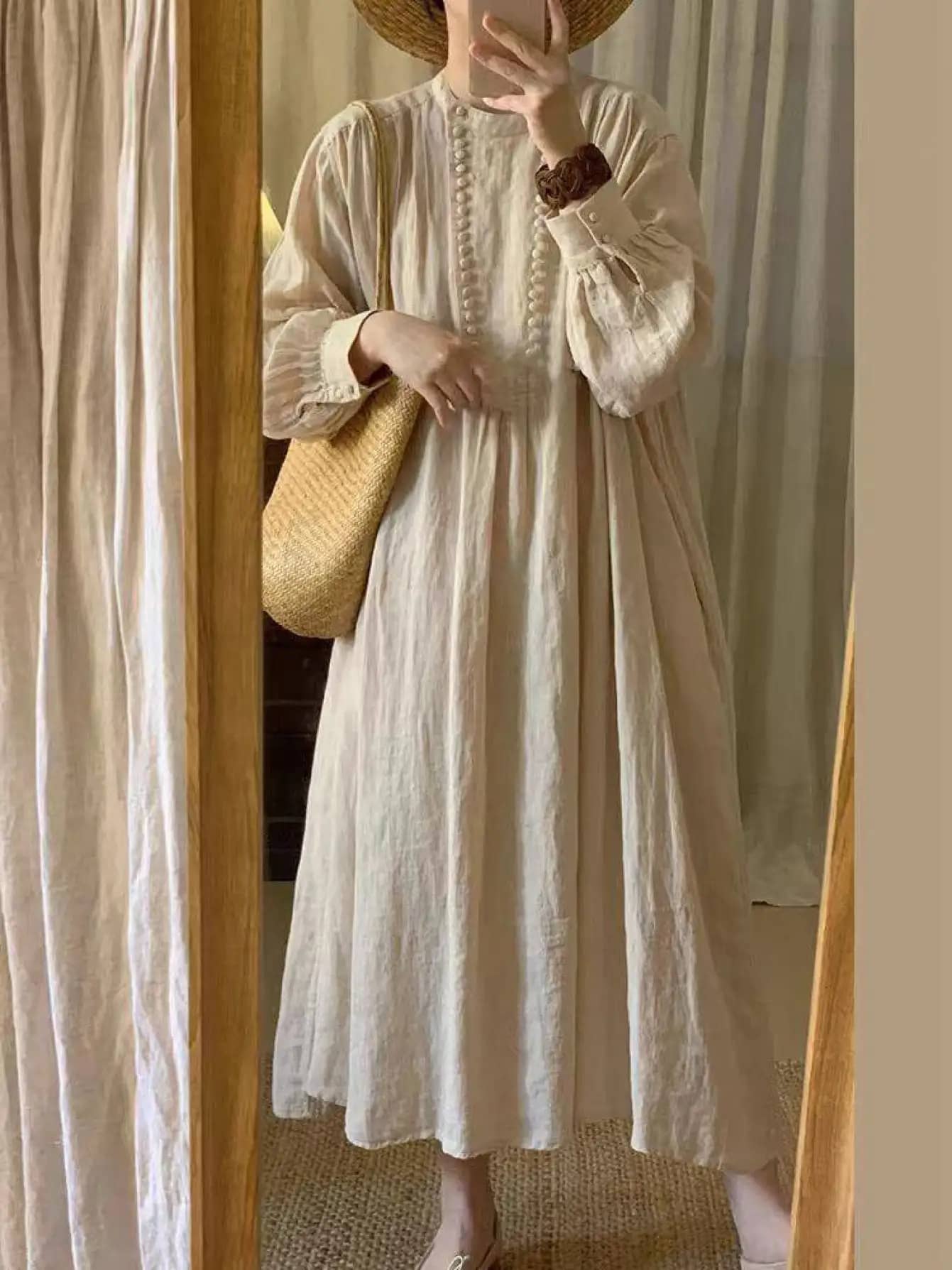 【リネンタッチ】 ロングワンピース レディース マキシ丈 バンドカラー ワンピ ギャザー 長袖 ボリューム袖 立ち襟 前開き シャツワンピース ゆったり 体型カバー 着痩せ 細見え 楽ちん 無地 ナチュラル 森ガール 2025 春 秋 大人可愛い きれいめ カジュアル オフィス｜Yokos
