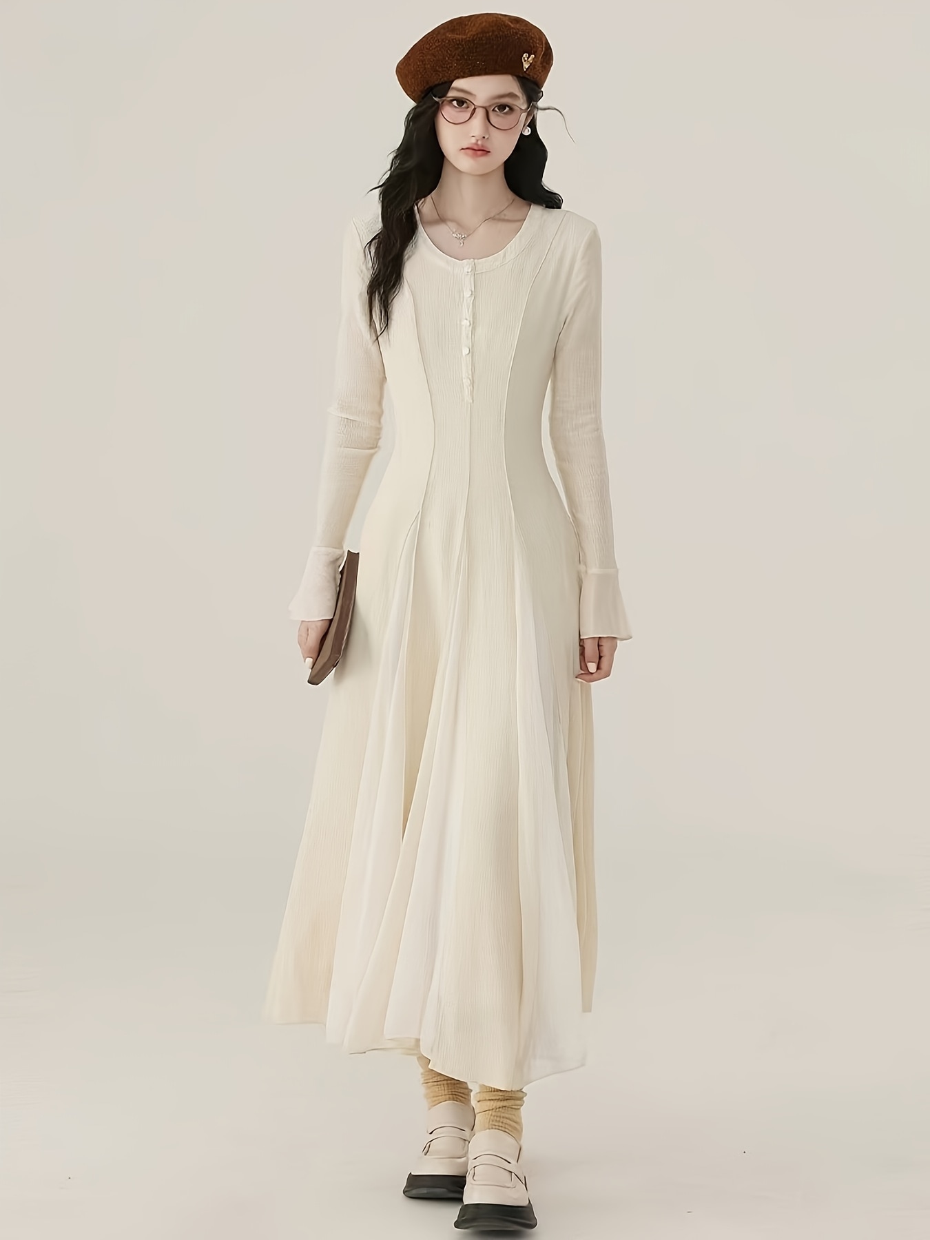 【美シルエット】ワンピース ロング マキシ丈 レディース 長袖 Aライン 切り替え クルーネック フロントボタン ヘンリーネック 清楚 着痩せ 体型カバー 細見え 脚長効果 大人可愛い キレイめ エレガント 結婚式 二次会 パーティー ドレス 通勤 春 秋 冬 アイボリー 白|Yokos
