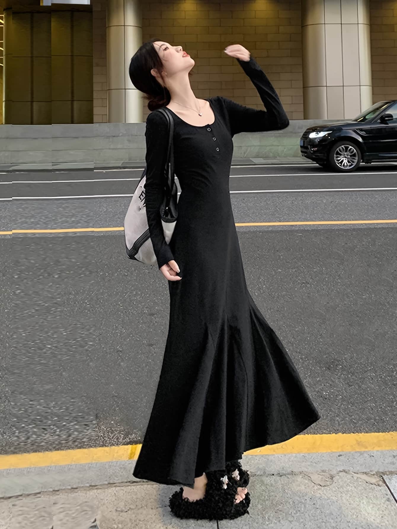 【大人女子の美シルエット】 マーメイドワンピース ロングワンピース 長袖 レディース タイト ワンピ ヘンリーネック ボタン クルーネック Uネック 膝下 マキシ丈 伸縮性 ストレッチ 着痩せ 細見え 体型カバー 脚長 くびれ きれいめ カジュアル 通勤 OL デート 二次会 6,218円