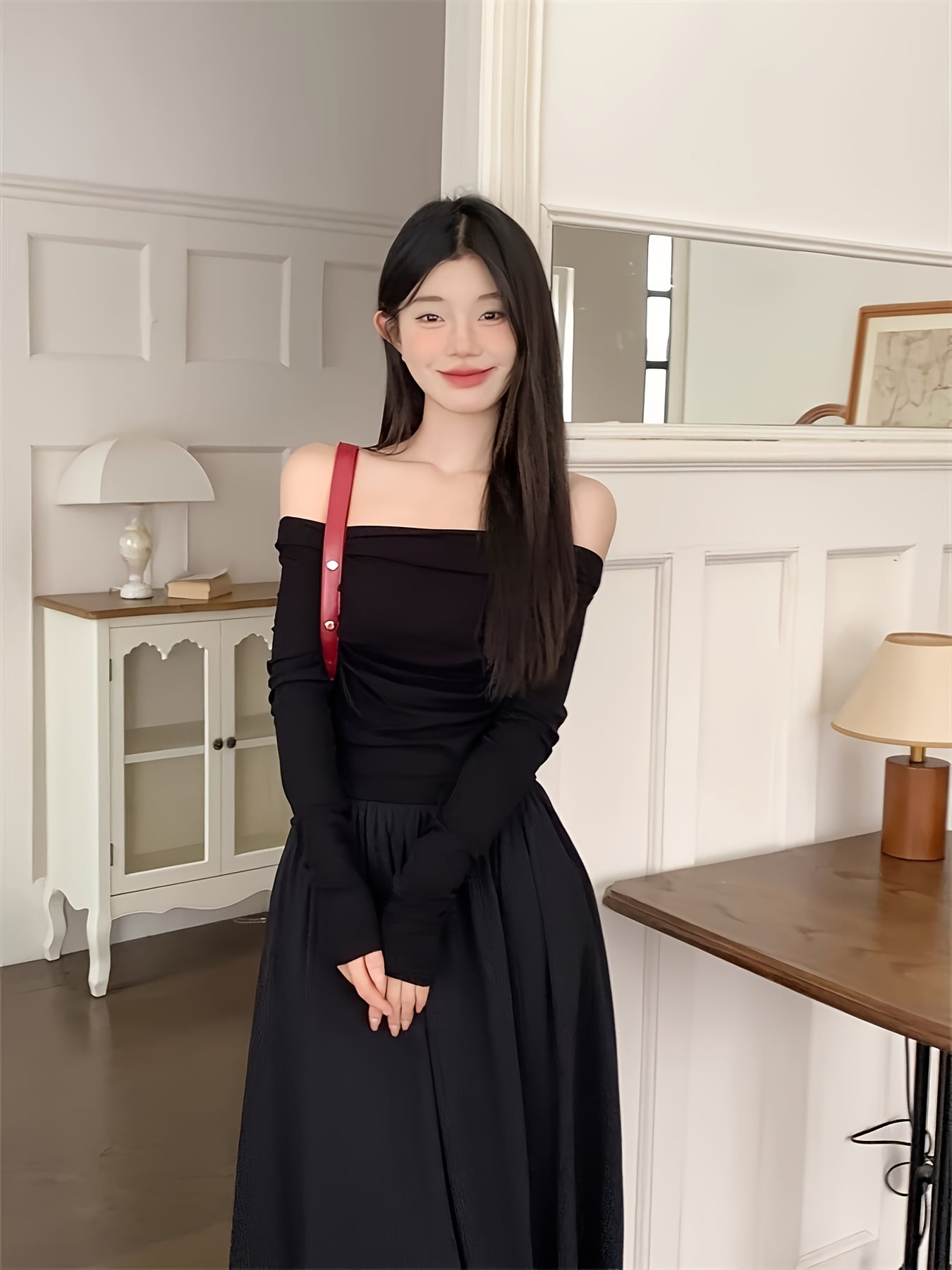 【オフショルダー】ロングワンピース 結婚式 ドレス マキシ丈 Aライン レディース 長袖 肩出し 無地 黒 ブラック ウエストマーク 体型カバー 着痩せ 細見え 二の腕カバー ポケット付 お呼ばれ パーティー 二次会 フォーマル 春 秋 冬 きれいめ