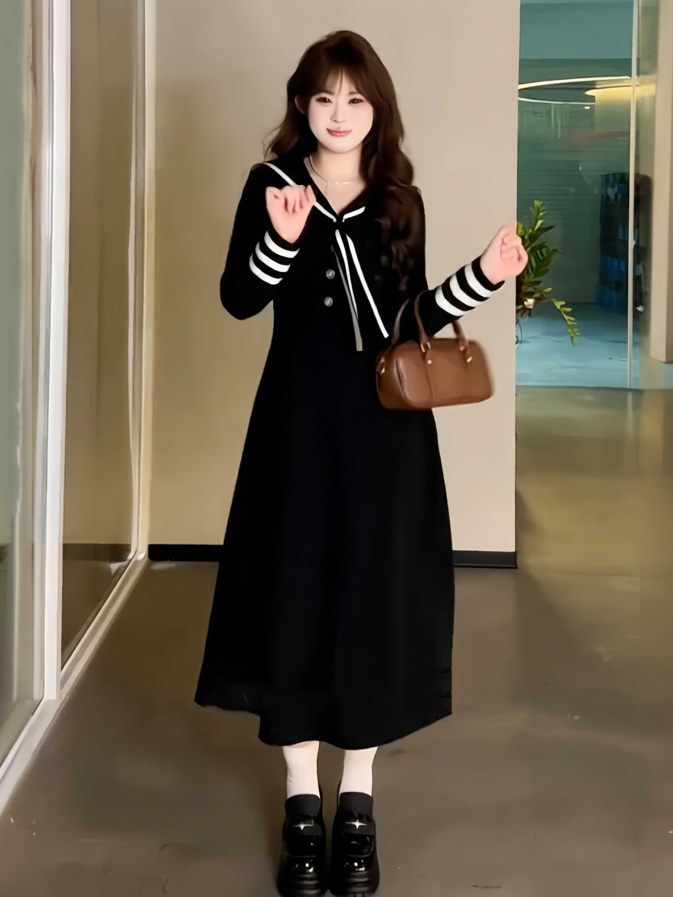 【大人可愛い】ワンピース レディース ロングワンピース セーラーカラー ビッグカラー 襟付き 長袖 Aライン ニットワンピース リボン 配色 ボーダー ウエストマーク 着痩せ 体型カバー 脚長効果 美脚 きれいめ レトロ 結婚式 二次会 お呼ばれ 卒業式 謝恩会 フォーマル