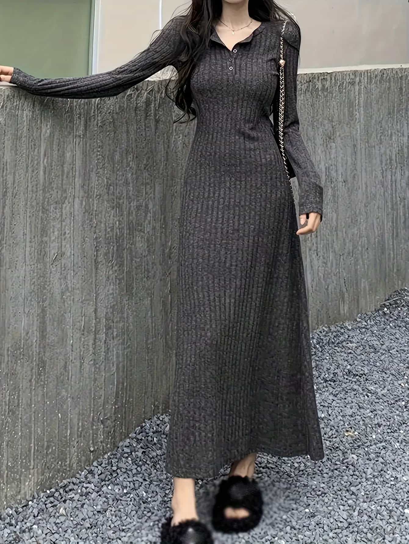 【ヘンリーネック】ワンピース ロング マキシ丈 リブニット風 長袖 レディース ロングワンピース マキシワンピース ニットワンピース リブ 襟付き Vネック タイト スリム 無地 シンプル きれいめ カジュアル 大人可愛い 着痩せ 細見え 体型カバー ウエストマーク 美脚