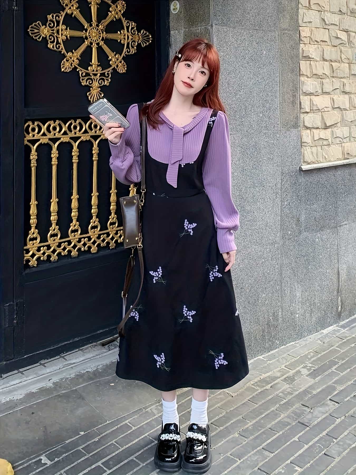 【体型カバー】 大きいサイズ ワンピース 重ね着風 フェイクレイヤード 刺繍 花柄 切り替え リボン ぽっちゃり 着痩せ 細見え 大人可愛い きれいめ 長袖 ロング Aライン ドッキングワンピース 20代 30代 40代 50代 春 秋 冬 オフィス デート 参観日 お呼ばれ