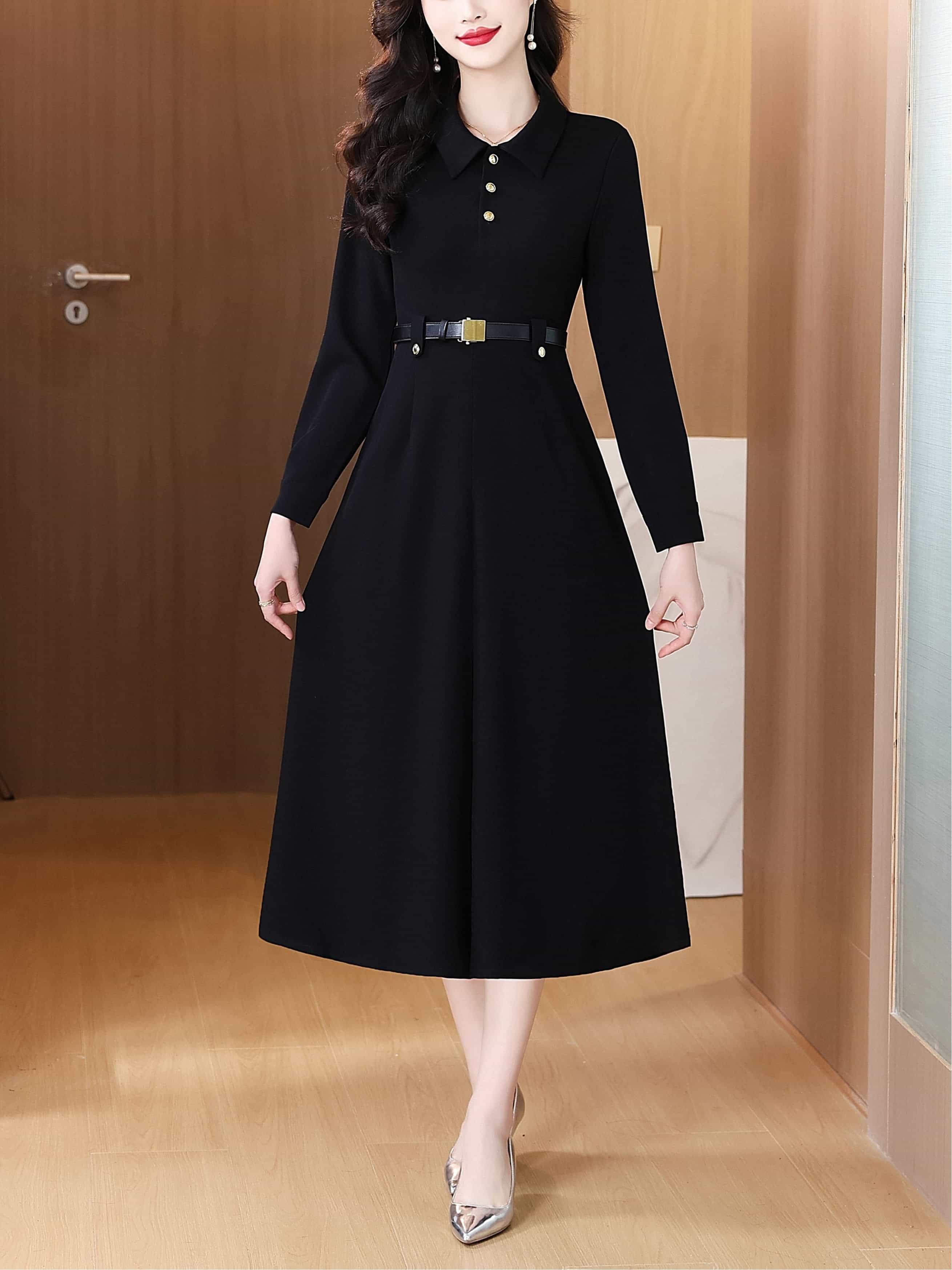 ワンピース レディース ロング 襟付き Aライン 長袖 ベルト付き 黒 レトロ クラシック ドレス 結婚式 二次会 お呼ばれ パーティー ミモレ丈 膝下 ひざ下 ワンピ 50年代風 シャツワンピース 体型カバー 着痩せ 細見え 春 秋 冬 20代 30代 40代 50代 洗える 冠婚葬祭｜Yokos