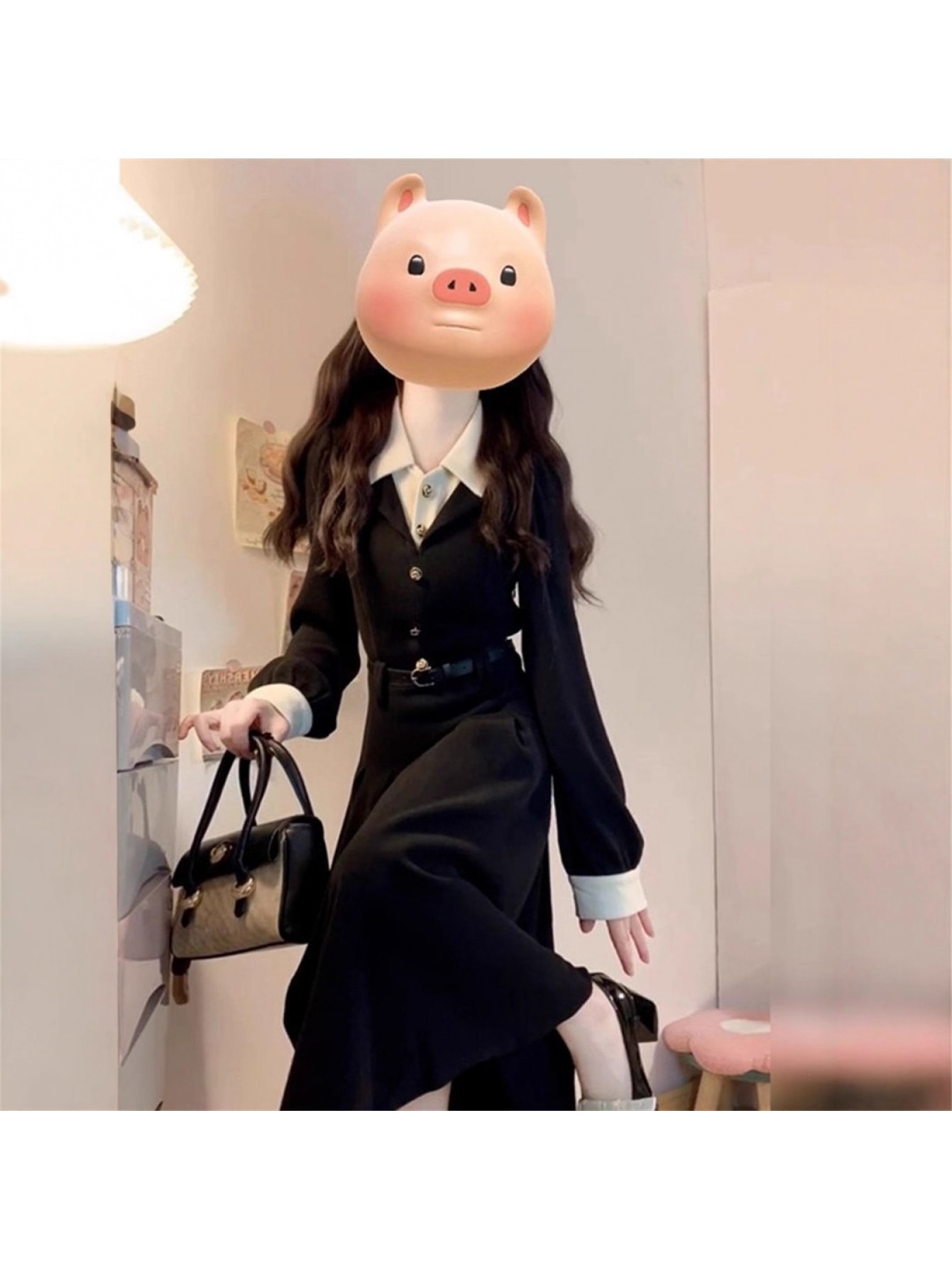【レイヤード風】ワンピース レディース ロングワンピース 襟付き 重ね着風 長袖 異素材 切り替え バイカラー 膝下 事務服 冠婚葬祭 礼服 面接 受験 参観日 卒業式 入学式 卒園式 入園式 お宮参り 七五三 ママ 母 服装 Aライン ウエストマーク ベルト付き 細見え