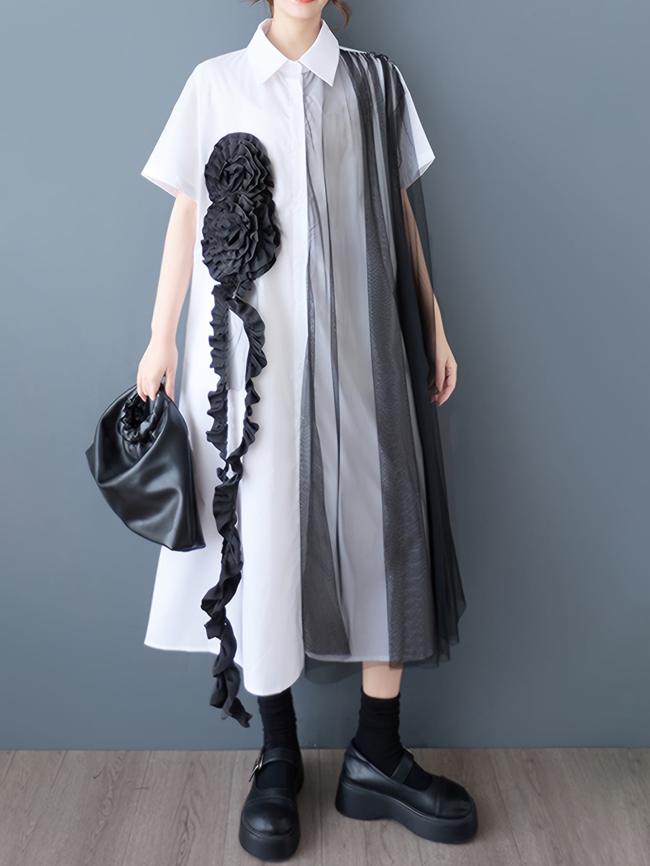 シャツワンピース ロングワンピース レディース チュール 切替 アシンメトリー 異素材 半袖 モノトーン 白 黒 シャツワンピ ロングワンピ 膝下 ミモレ丈 襟付き 前開き 羽織り 立体 3D 花 モチーフ フリル メッシュ 透け感 体型カバー ゆったり 着痩せ 20代 30代 40代