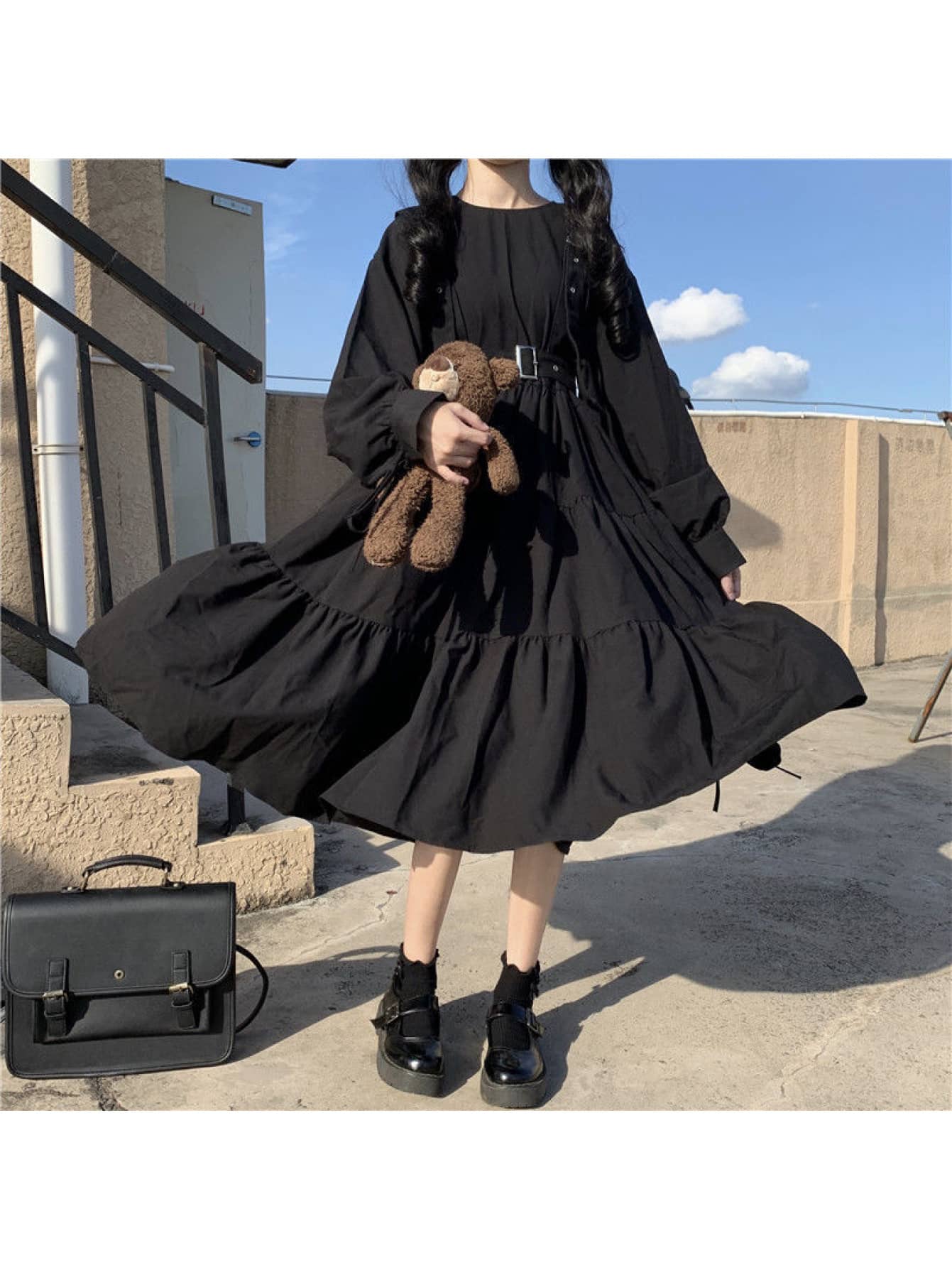 【大人可愛い】ワンピース レディース 長袖 黒 ブラック ティアードワンピース Aライン ロングワンピース ミモレ丈 ゆったり 体型カバー 着痩せ 細見え ボリューム袖 バルーン袖 ウエストマーク 大きいサイズ 地雷系 量産系 フレンチガーリー ゴシック ロリータ