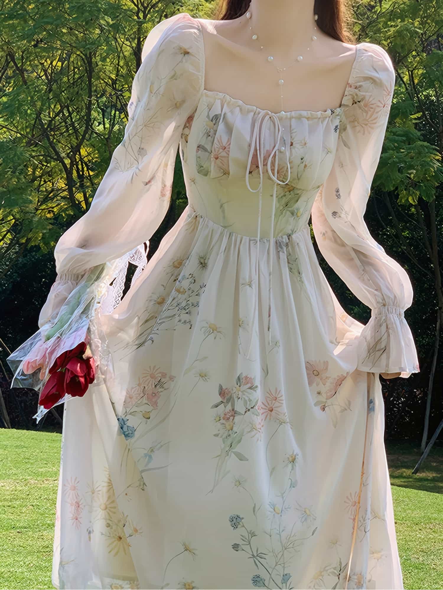 ワンピース レディース 花柄 ロングワンピース スクエアネック 長袖 Aライン マキシ丈 フェミニン 大人可愛い きれいめ ドレス 総柄 フラワー 透け感 シアー ふんわり袖 裏地あり ハイウエスト 体型カバー 着痩せ 細見え 春 秋 お呼ばれ デート 女子会 二次会 リゾート