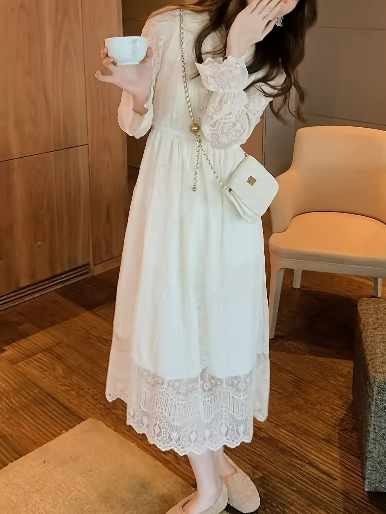 【繊細レース】ワンピース レディース ロングワンピース 長袖 レース ワンピ ロング丈 マキシ マキシ丈 刺繍 透け感 シアー Aライン ウエストゴム 体型カバー 二の腕カバー 着痩せ 細見え 華奢見え きれいめ 大人可愛い レトロ クラシック お呼ばれ 結婚式 二次会|Yokos