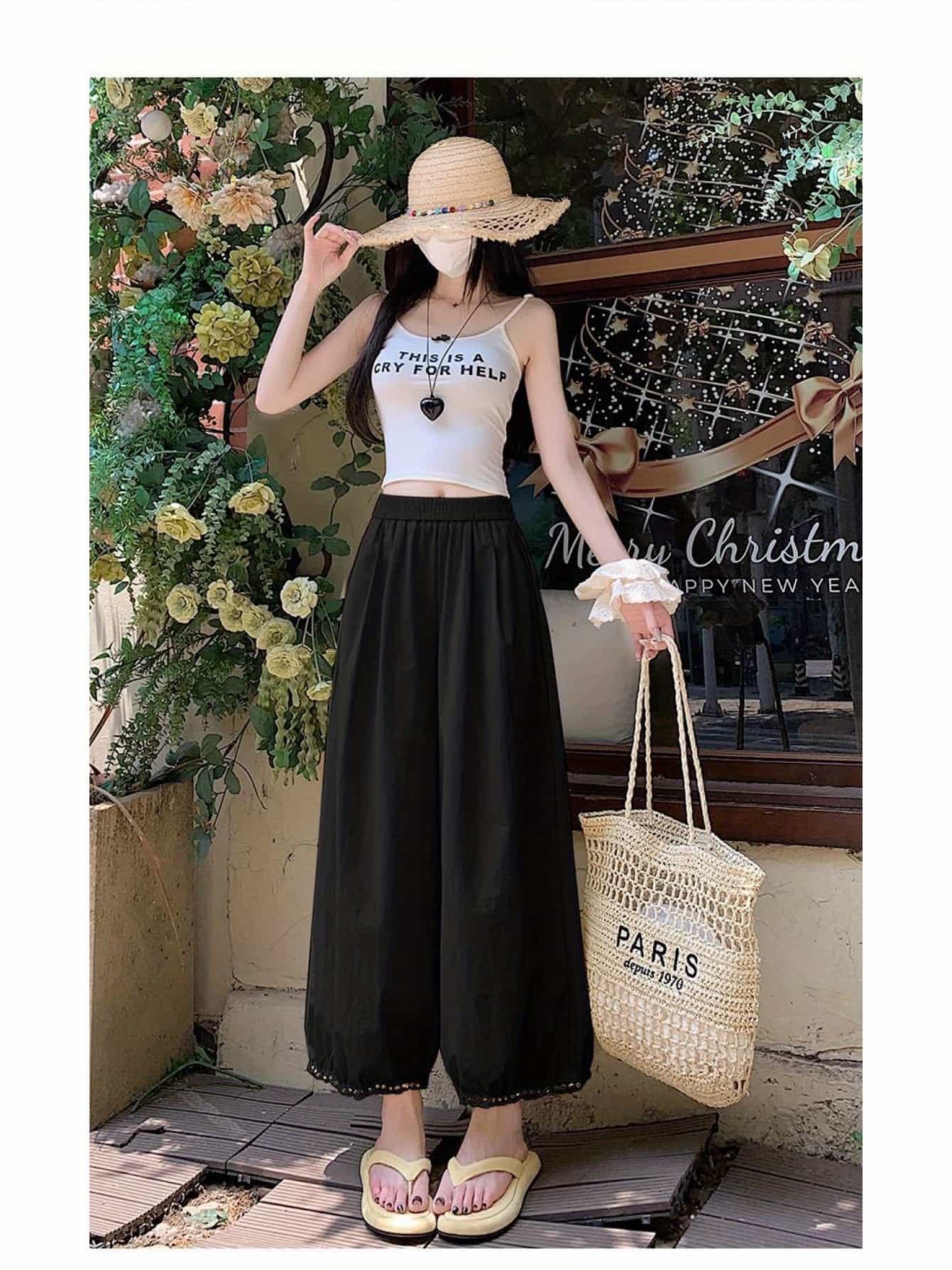 【接触冷感】ワイドパンツ レディース 裾レース バルーンパンツ ガウチョパンツ ズボン 九分丈 透かし彫り スカラップ ウエストゴム 楽ちん 涼しい ゆったり 体型カバー 着痩せ 細見え 脚長 美脚 ボトムス オフィス 通勤 カジュアル 大人可愛い きれいめ 20代 30代