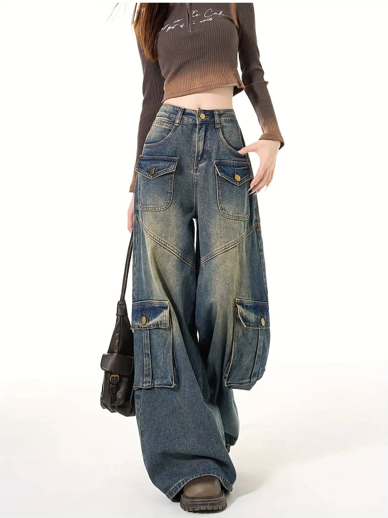 【Y2Kストリート】 カーゴパンツ デニム レディース ワイドパンツ ジーンズ ジーパン ストレート 多ポケット ワークパンツ ボトムス ズボン ロング丈 ハイウエスト ウォッシュ加工 ビンテージ風 アメカジ ゆったり 体型カバー 脚長 美脚 細見え 着痩せ ダンス 韓国｜Yokos
