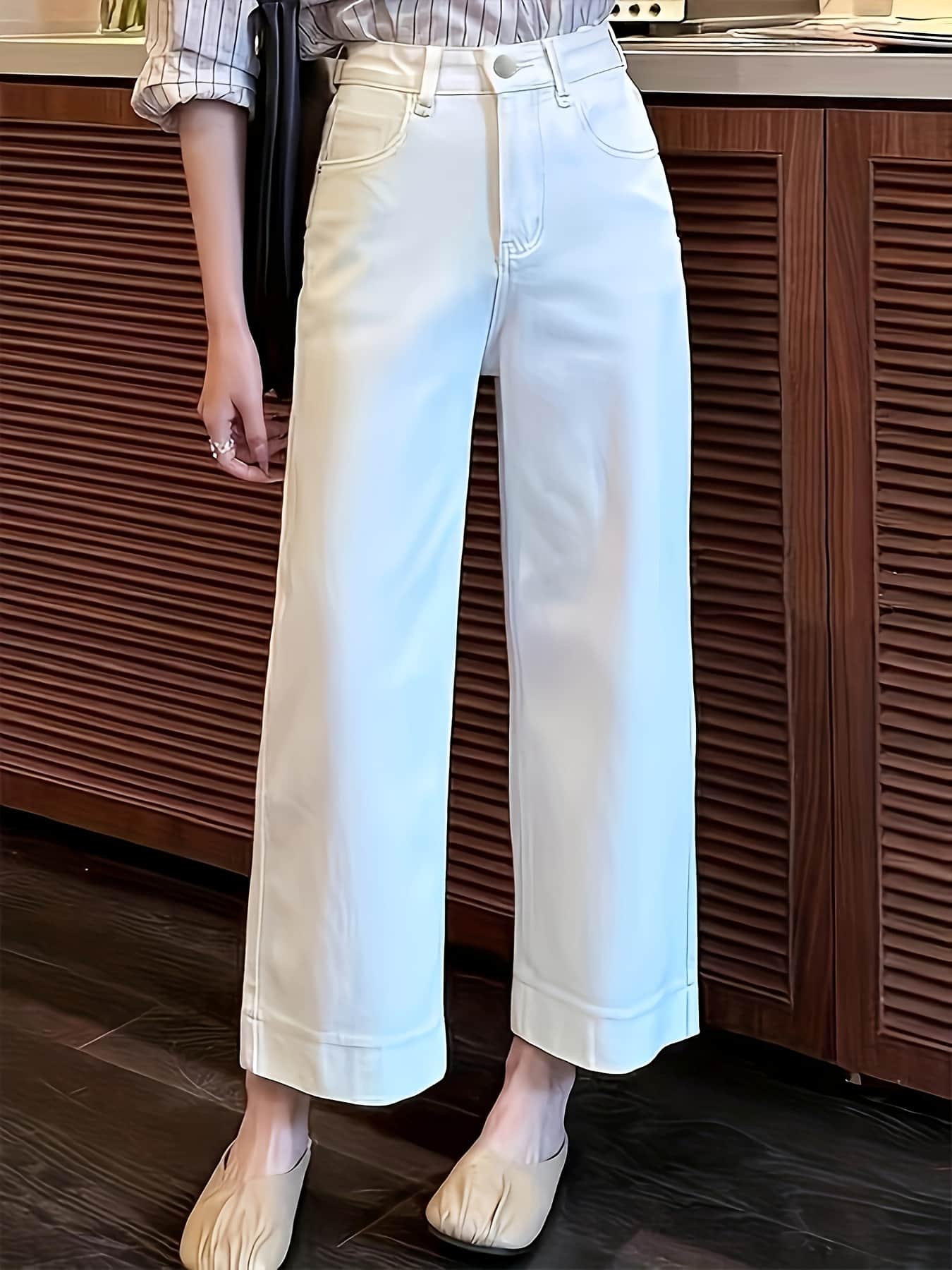 【美脚効果】 デニムパンツ レディース ホワイト ジーンズ ストレート ワイドパンツ ハイウエスト ストレッチ ジーパン ズボン ボトムス 九分丈 アンクル丈 くるぶし丈 体型カバー 着痩せ 細見え 楽ちん 動きやすい 洗える コットン オフィス 通勤 通学 大人カジュアル