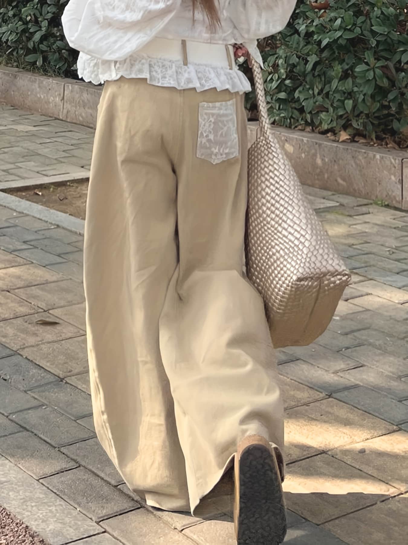 【レースバックポケット】 ワイドパンツ レディース ボトムス ズボン ロングパンツ ストレート ハイウエスト ゆったり 楽ちん リラックス 体型カバー 着痩せ 脚長 細見え お尻カバー 洗える シワになりにくい リネンタッチ コットンライク ベージュ カーキ エスニック