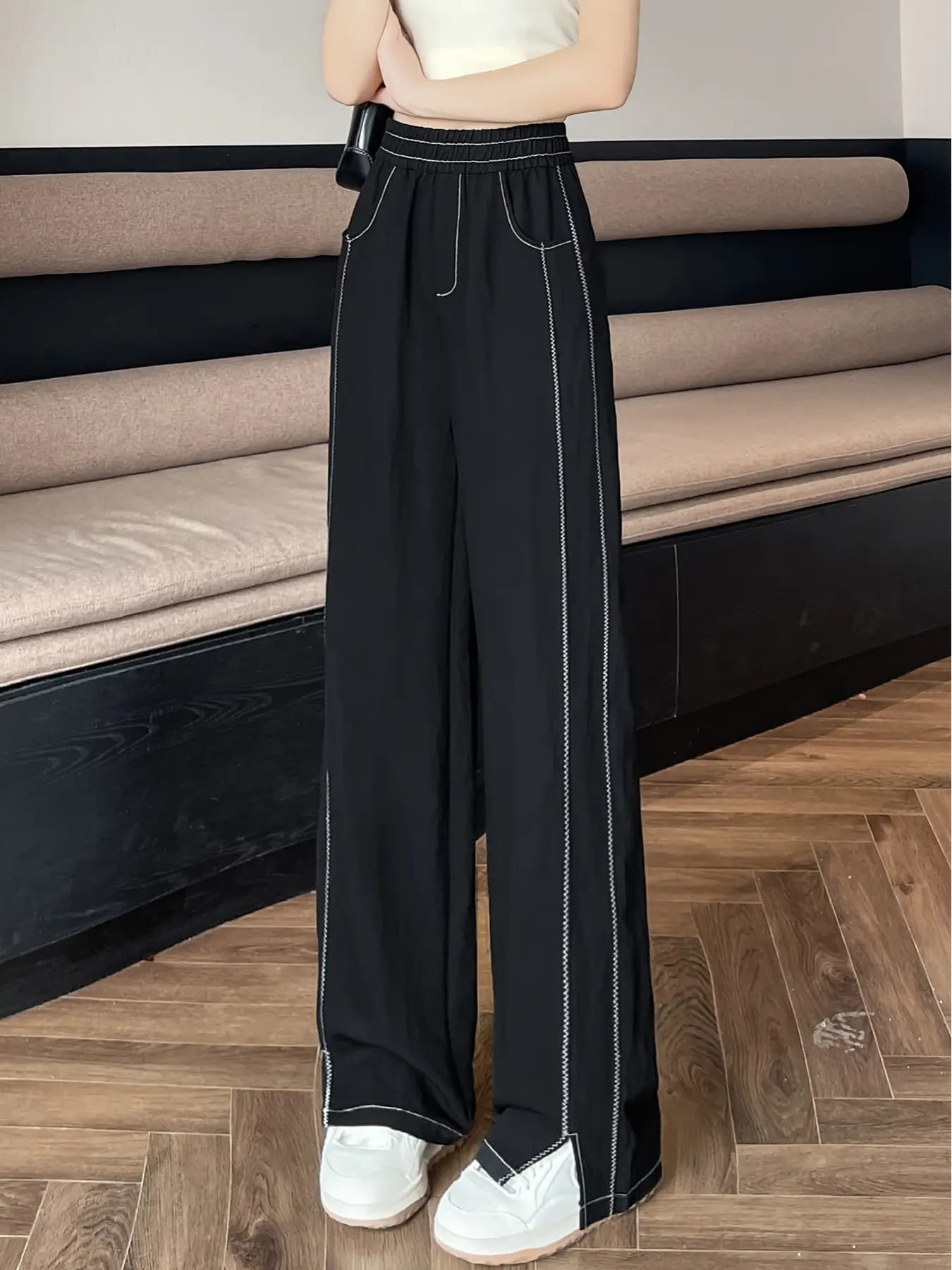 【ステッチデザイン】ワイドパンツ レディース 春夏 配色ステッチ ハイウエスト ウエストゴム ロングパンツ 落ち感 涼しい 体型カバー 着痩せ 脚長 美脚 楽ちん ストレート オフィス 通勤 カジュアル きれいめ 大人 黒 薄手 20代 ゆったり バギーパンツ ズボン