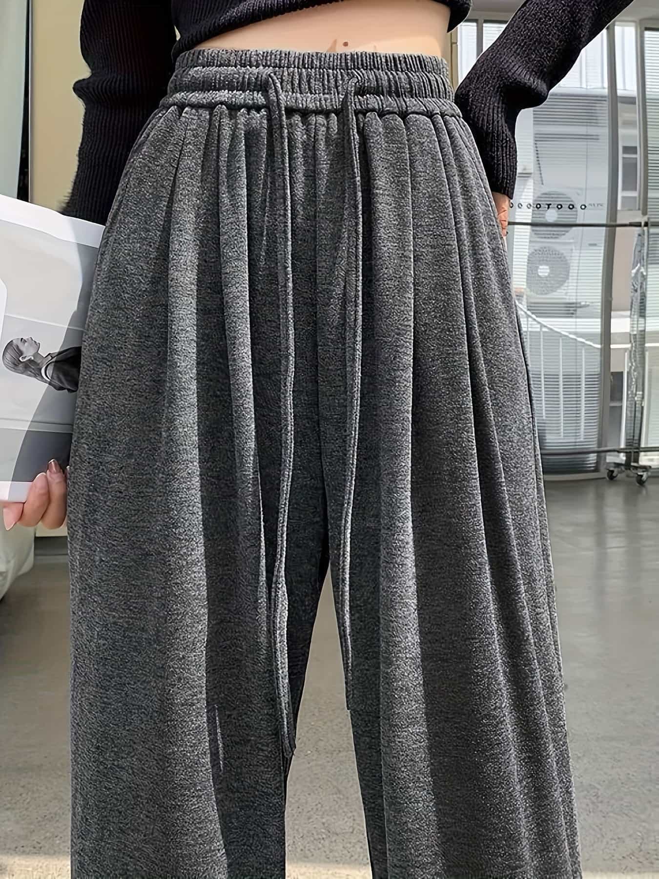 【体型カバー】ニットパンツ ワイドパンツ レディース ストレートパンツ ズボン ハイウエスト ウエストゴム ドロスト ロングパンツ ゆったり 着痩せ 細見え 脚長 楽ちん 柔らかい リブ風 イージーパンツ 秋冬 秋服 冬服 部屋着 ルームウェア ワンマイルウェア