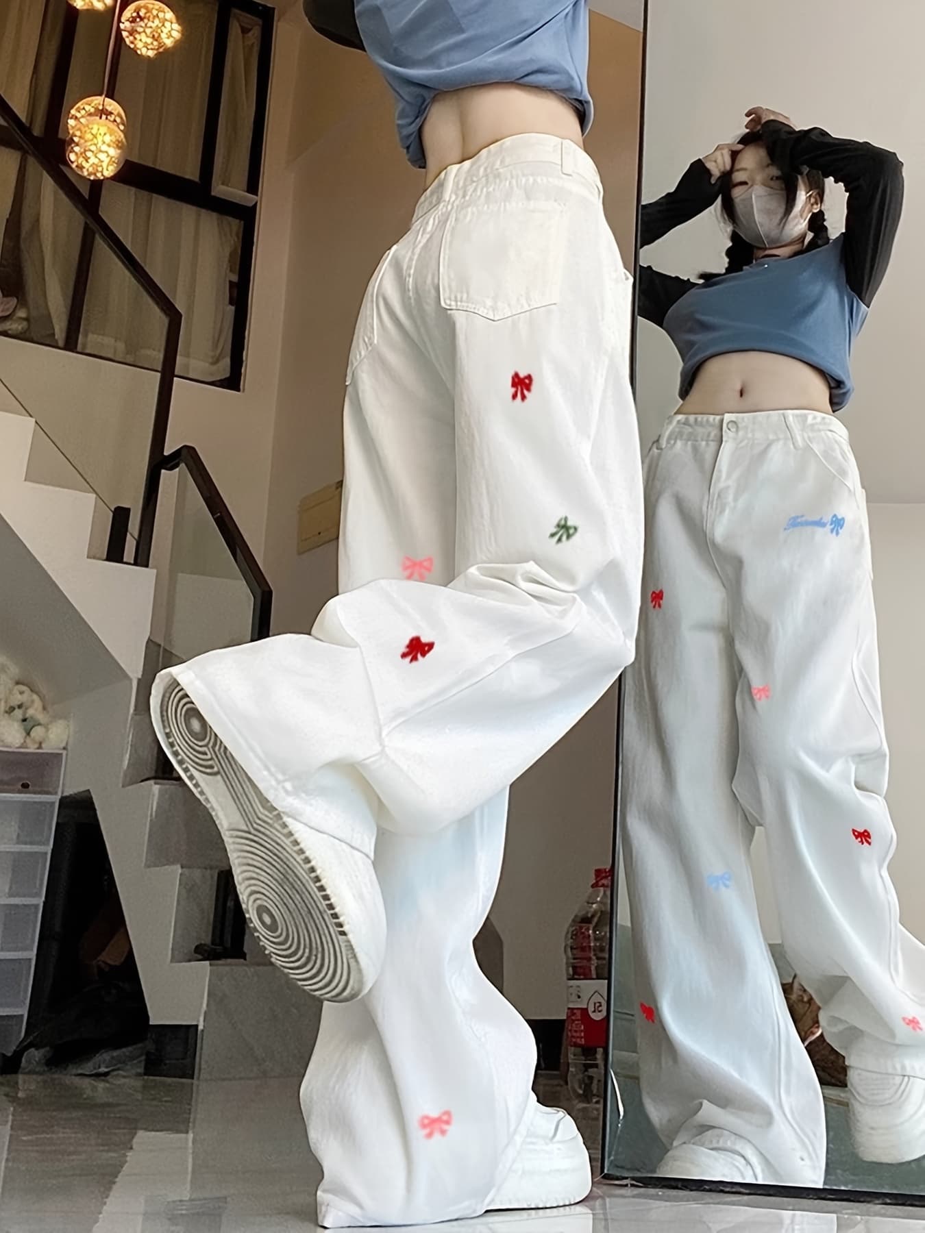 【リボン刺繍】ワイドパンツ レディース デニム ホワイト ジーンズ ジーパン ズボン ボトムス ハイウエスト ストレートパンツ ゆるパン 太め ロング丈 刺繍入り リボン柄 ワンポイント カラフル 美脚 脚長 体型カバー 着痩せ ゆったり 楽ちん 春 夏 秋 韓国